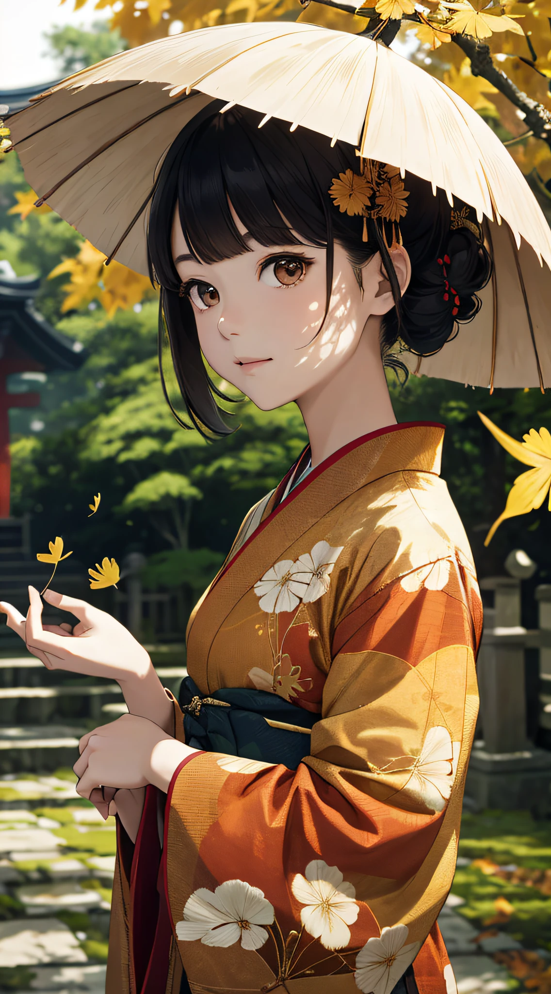 autumnal，beautiful  Girl（1girll：1.3），A high resolution，ultra - detailed，ginko，Ginkgo tree，Random Japanese kimono，Noon time，And focus on the subtle details and atmosphere of the scene。