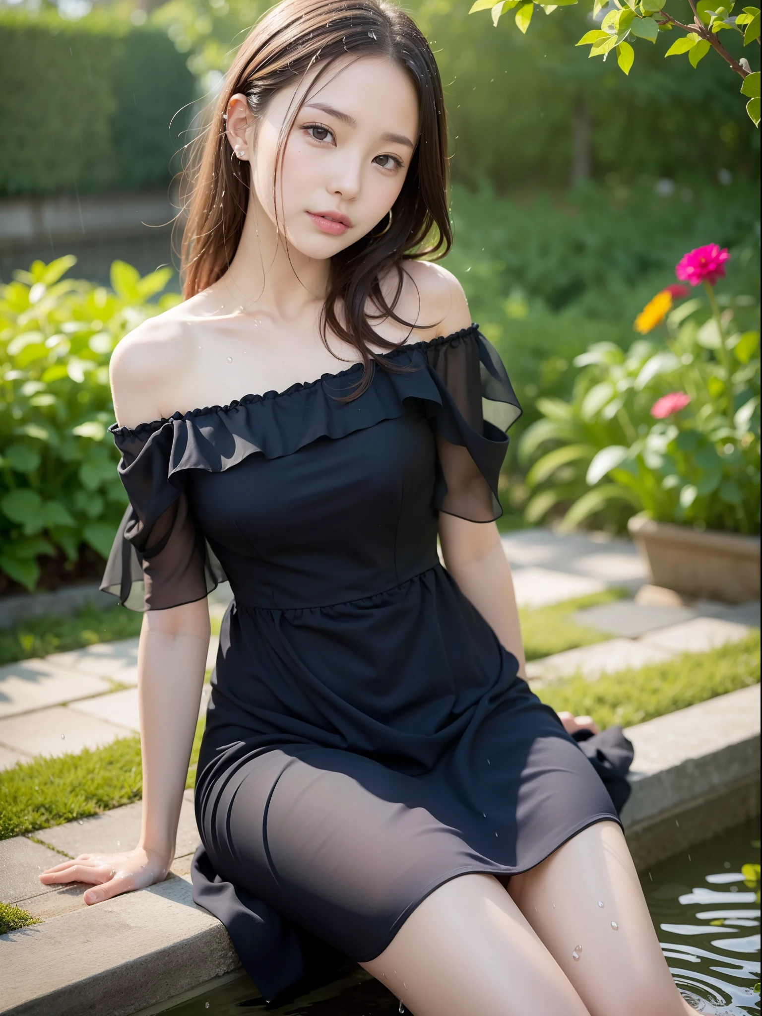 1girl, photorealism, high resolution, long hair, casual sexy pose, looking at viewer, serene lake, (crystal clear water:1.2), lush green trees, gentle rolling hills, soft glow sunlight, (tight black lace shirt:1.2), strapless minidress, thigh high, gentle smile, huge breasts,