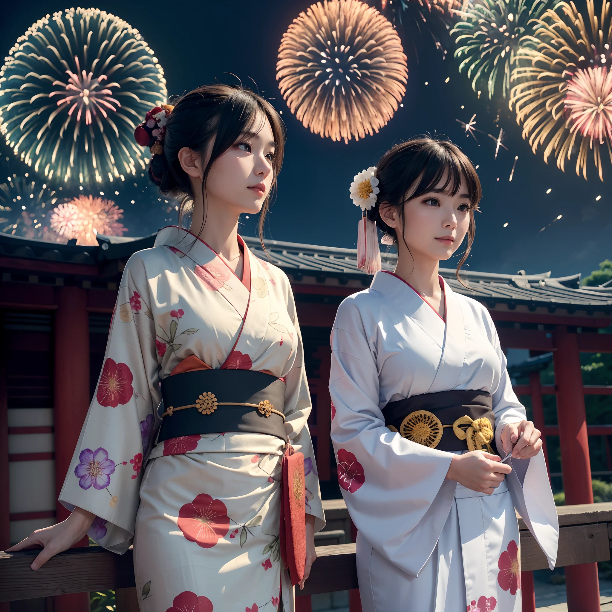 (in 8K、RAW Photos、top-quality、masterpiece:1.2)、(realisitic、Photorealsitic:1.37)、ultra-detailliert、超A high resolution、lighting like a movie、(((Beautiful Japan woman looking up at fireworks)))、a smile、woman wearing the kimono、classy yukata clothing、Wearing a colorful yukata、Wearing a kimono、japanese kimono、wearing a haori、Yukata with morning glory pattern、Have a fan、dynamic ungle、动态照明