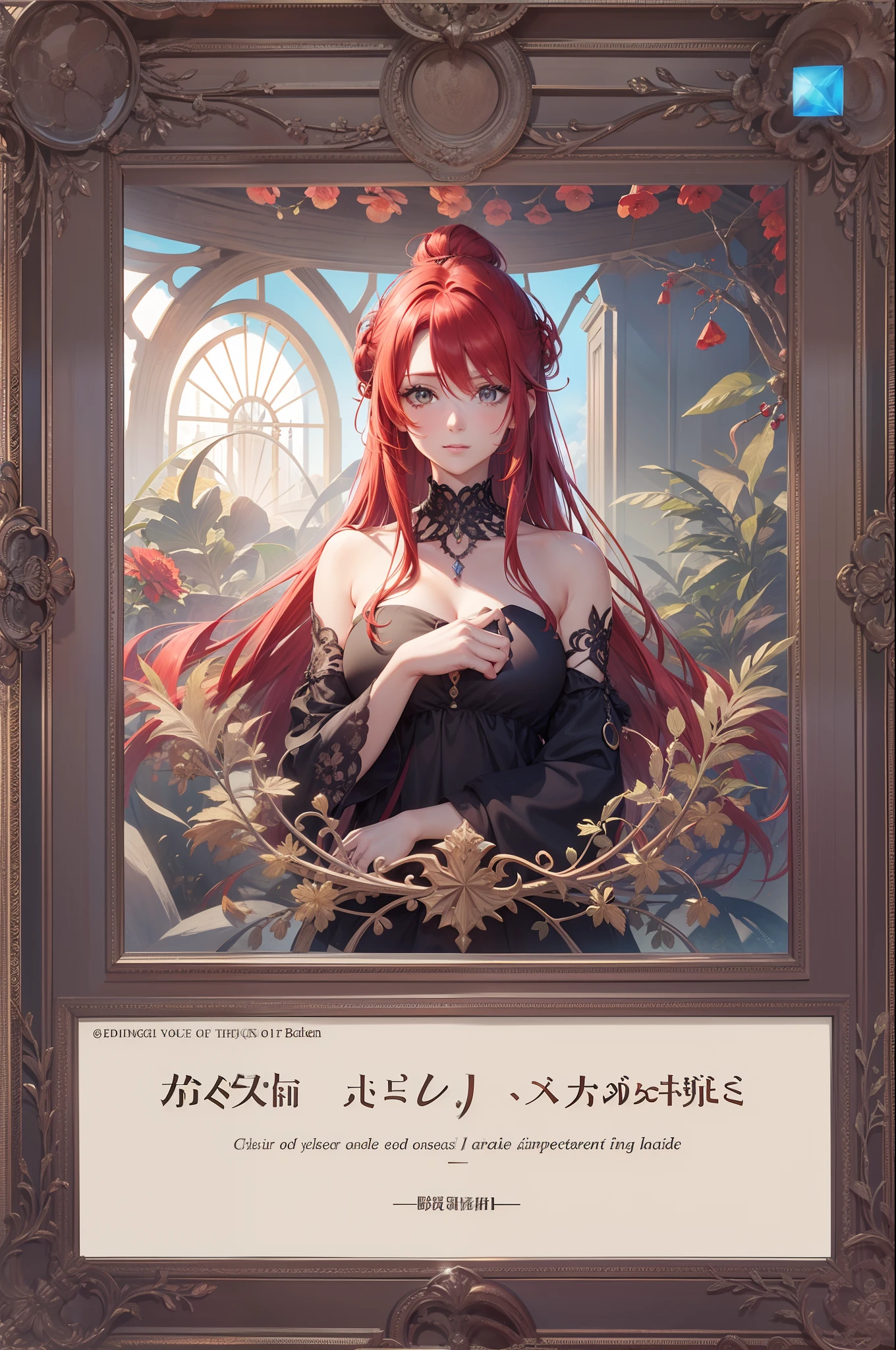 Drawn as a raw graphic,Red-haired mature female,hair-bun,The crystal frame is broken