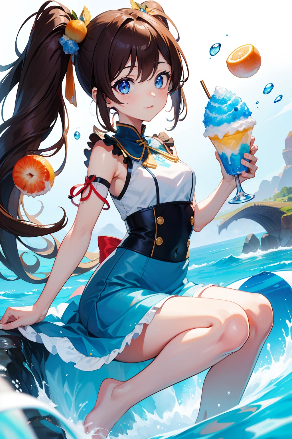 A cute, shy girl with her arm raised, holding an ice cream, wearing a bikini, at the beach. The girl has beautiful detailed eyes and lips, and long eyelashes. The scene is captured in a high-quality and ultra-detailed manner, with vivid colors and realistic lighting. The artwork is created using a medium that resembles an oil painting or a professional photograph. The overall color tone is vibrant and lively, emphasizing the brightness and warmth of the beach atmosphere. Additional details include a sandy beach with gentle waves, seashells scattered around, and a sunny sky with fluffy clouds. It is a joyful and refreshing image that evokes the summer vibe and the pleasure of enjoying ice cream by the seaside.
