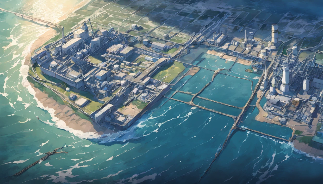 Depicting the appearance of the Fukushima nuclear power plant, Show the drain,Dumping contaminated water into the ocean. Emphasize the contrast between nuclear power plants and the vast sea