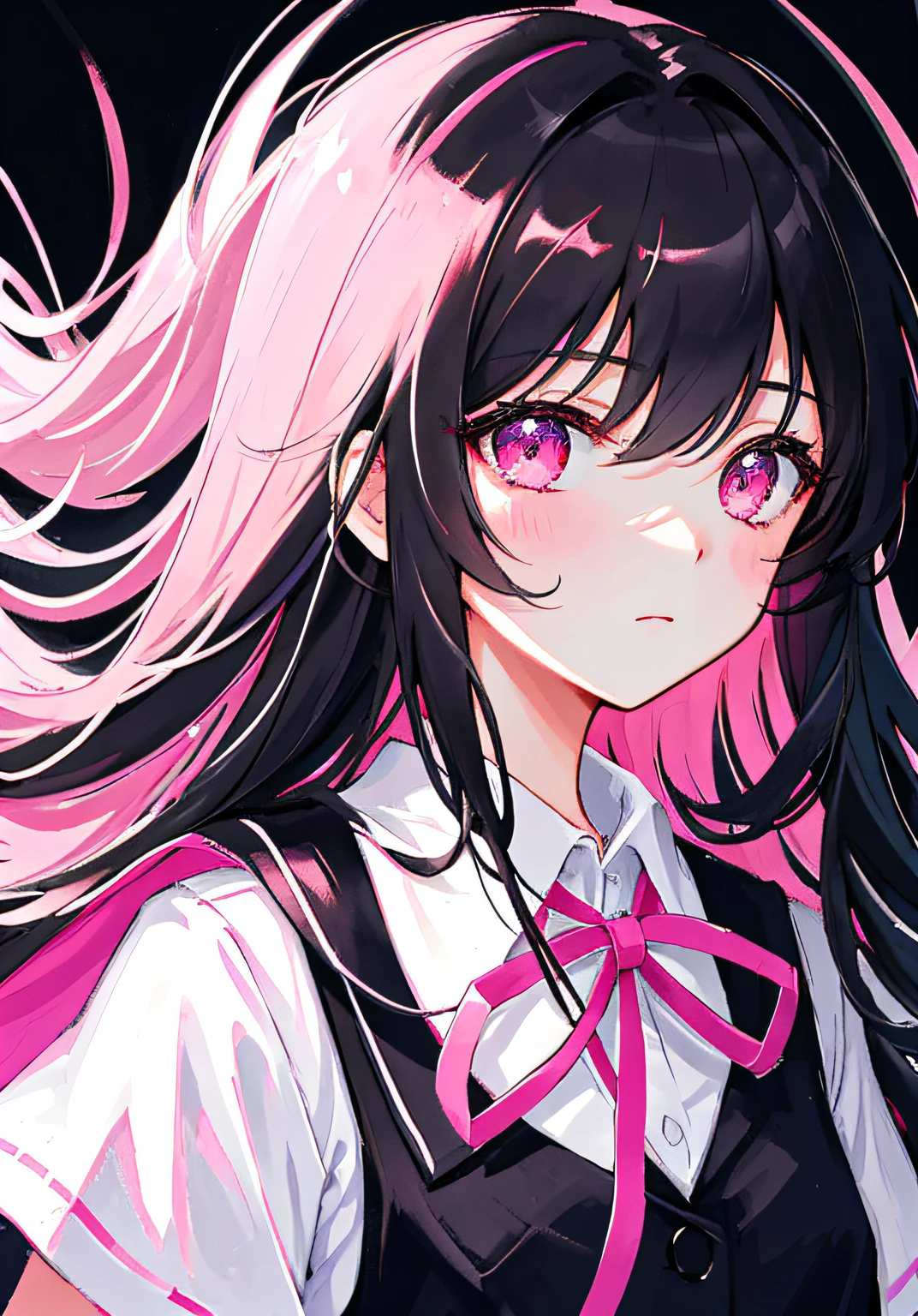 Masterpiece, Best quality, Ultra-detailed, illustration, Portrait, 1girll, black_Hair, Pink eyes,  Long hair,  school uniform,