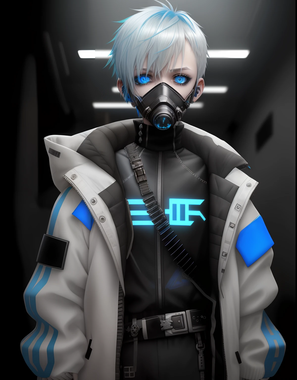 1 boy,cyberpunked,blue hairs,Eyes are yellow,Shorthair,hair messy,neutral,Blue mesh on bangs,Black eyeshadow under the eyes,Sleepy look,gas masks,White and blue techwear jacket,Anxious look in white high-tech mask,Clothes with lots of buckles and belts,Viewer's Eye Line,The background is decadent,cute little,gotik,Realistic