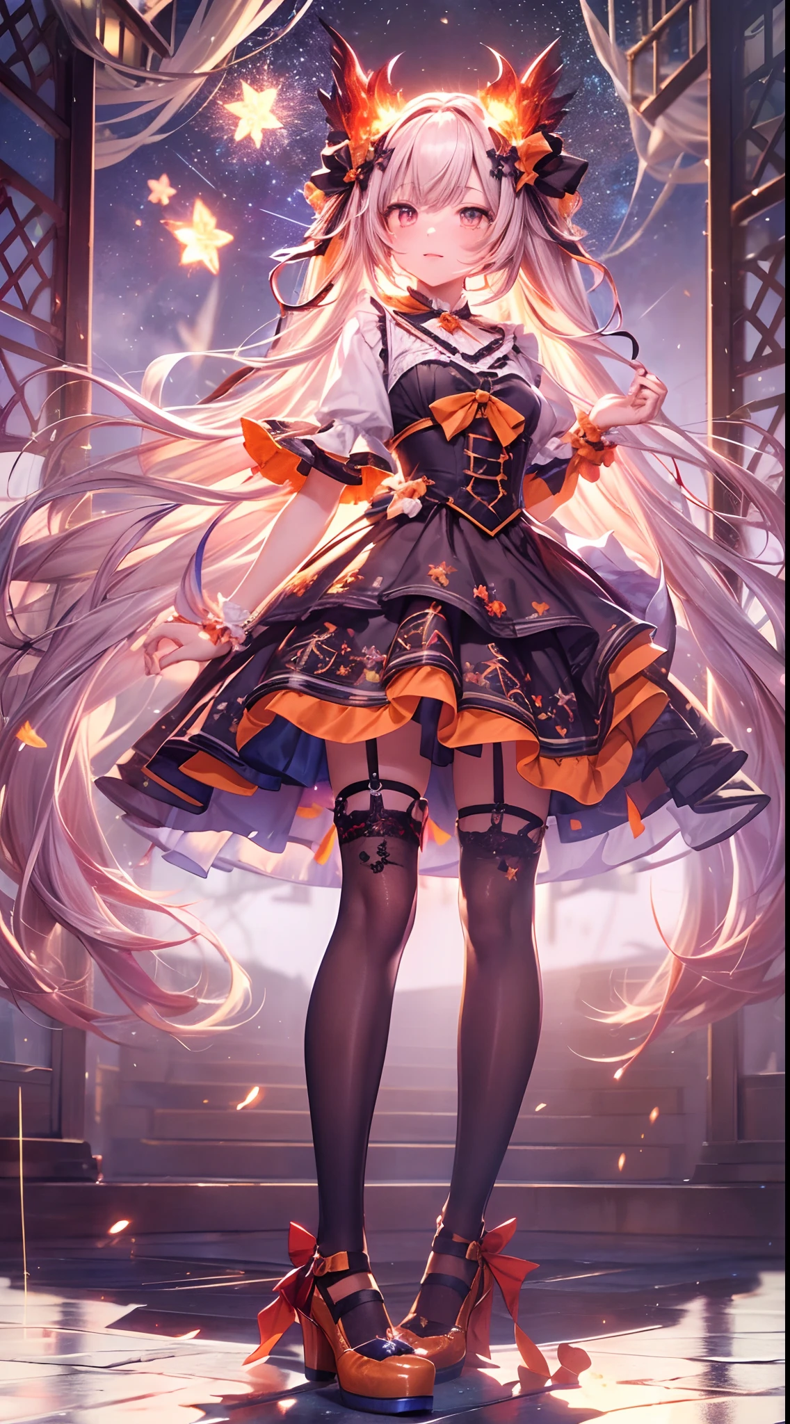(fullbody, legs and shoes visible: 1.2)) expressive eyes, woman, pale skin, long hair, windblown hair, ((long hair)), long sidelocks, hime bangs, hair fringe, hair bun, ((long twintails)), flaming hair, red hair, blushing, full face blushing, big sparkling glowing red eyes, (gradient eyes), open mouth smile, cute pose,
flowy flaming dress, ((dark multicolored open dress)), (floating fire), orange ruffles, yellow frills, (light red lace), detached short sleeves, puffy skirt, ((fire and stars print skirt : 1.3)), lolita skirt, dark red bows, ((pompon ribbons hair ornament : 1.4)), multiple bows, striped lace stockings, (heart shaped leg garter), cute (dark orange) shoes ((hyperdetailed clothing and fashion)) looking at you, vintage girl, blushing, (beautiful detailed eyes), (extremely detailed CG unity 8k wallpaper) (best shadow), ((an extremely delicate and beautiful)), (detailed light), ((depth of field)) big head, big sparkling eyes, moe, splash art, cinematic lighting, frontal view, volumetric lighting maximalist photo illustration 64k resolution high res intricately detailed complex key visual precise linear
((in the dark palace background, surrounded by smoking hot sparks, shooting stars)) ((hyperdetailed scenery, foggy, darkness : 1.3))