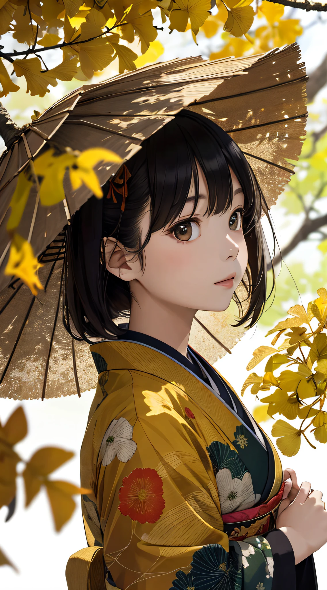 autumnal,beautiful Girl(1girll:1.3),A high resolution,ultra - detailed,ginko,Ginkgo tree,Random Japanese kimono,Noon time,And focus on the subtle details and atmosphere of the scene。