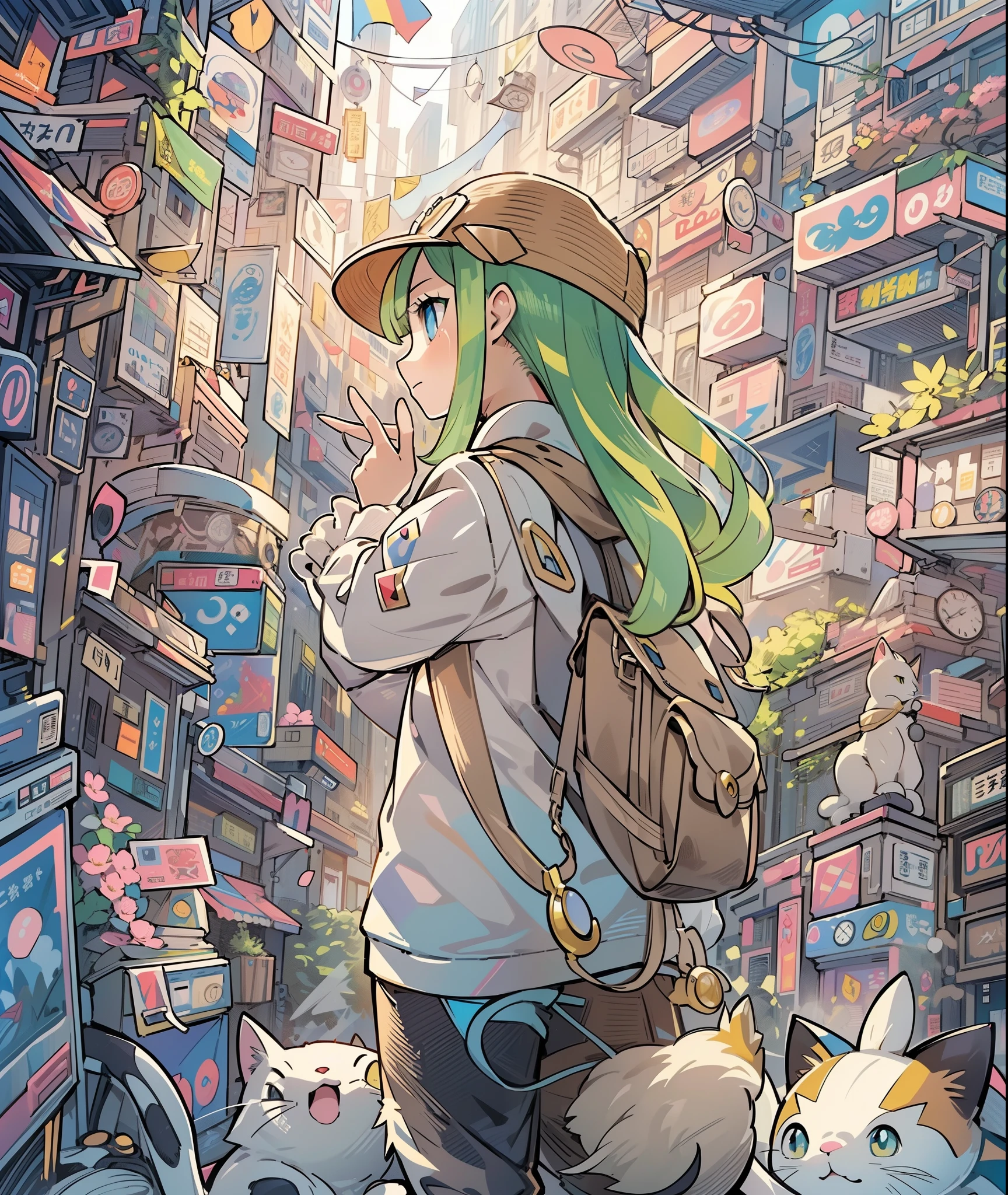 profile、1girl in,A pokémon_The card,(top-quality), (high_quality), (Convoluted_Details), (ultra-detailliert), (illustratio), (Distinct_image),saito_naoki,city scenery、Rainbow View、With cats（（Cute cat１.５））