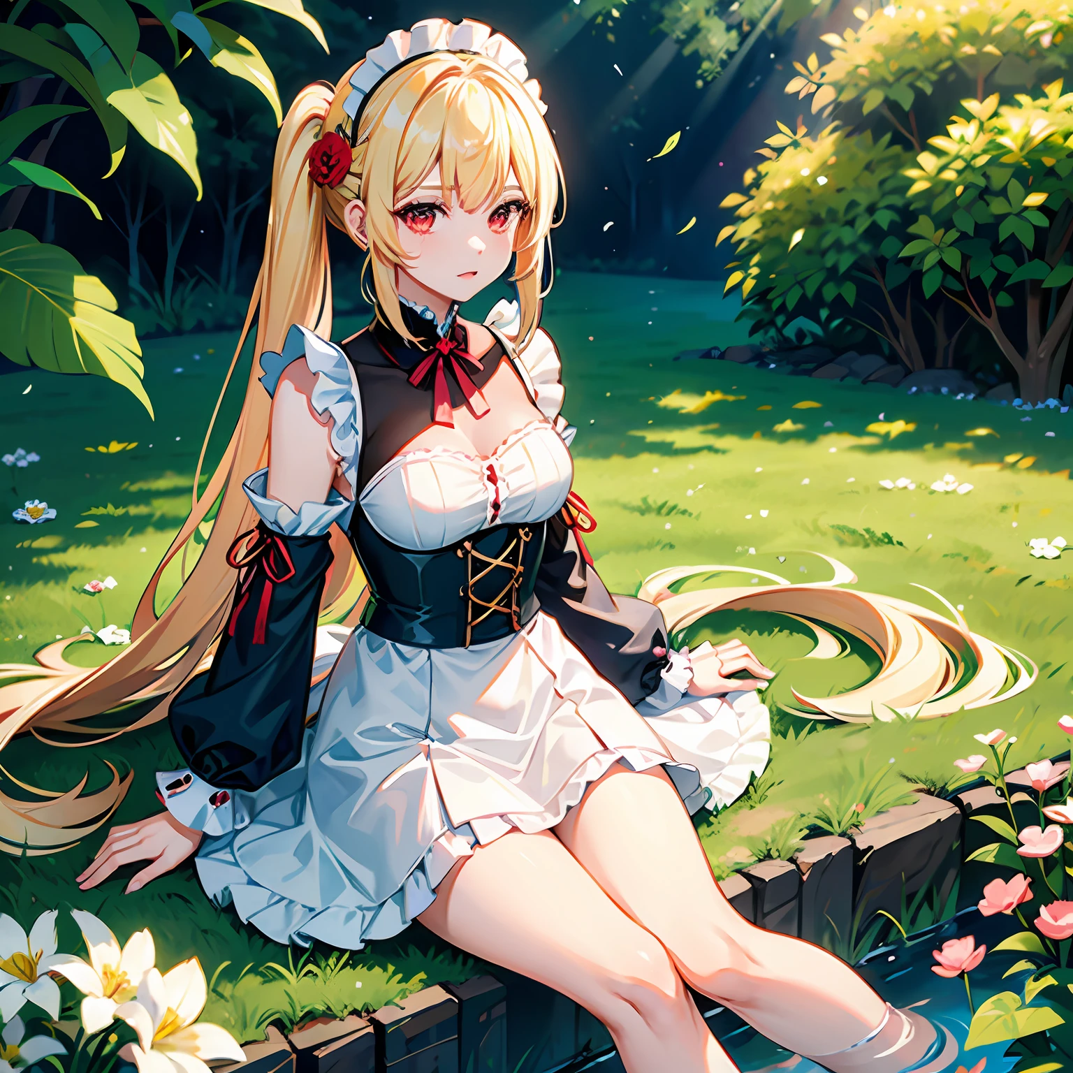 a blond、poneyTail、red eyes、Beautiful girl alone、独奏、maid clothes、off shoulders、a miniskirt、flower field