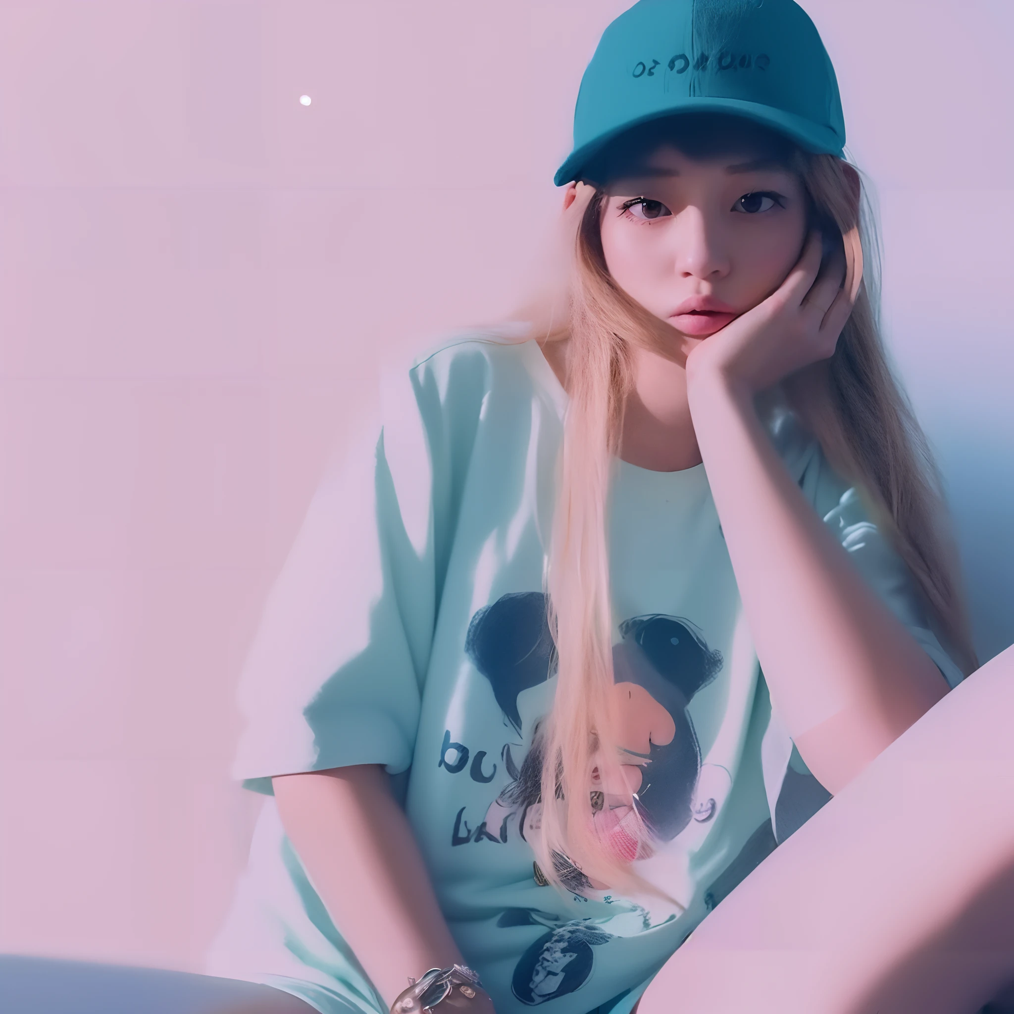 there is a woman sitting on a bed with a hat on, lofi girl, lofi girl aesthetic, lofi portrait, vaporwave style, lofi artstyle, teal aesthetic, aesthetic!!!!!!!!!!, lo fi, lo fi colors, with teal clothes, lo-fi art, lofi feel, she is wearing streetwear, lalisa manobal