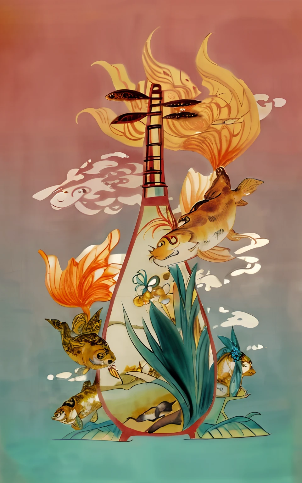 there is a painting of a vase with a fish and a bird on it, japanese art style, japanese style painting, a beautiful artwork illustration, chinese surrealism, a fish climbing a tree, victo ngai style, inspired by Victo Ngai, chinese style painting, by Li Tiefu, by Qu Leilei, victo ngai and tristan eaton