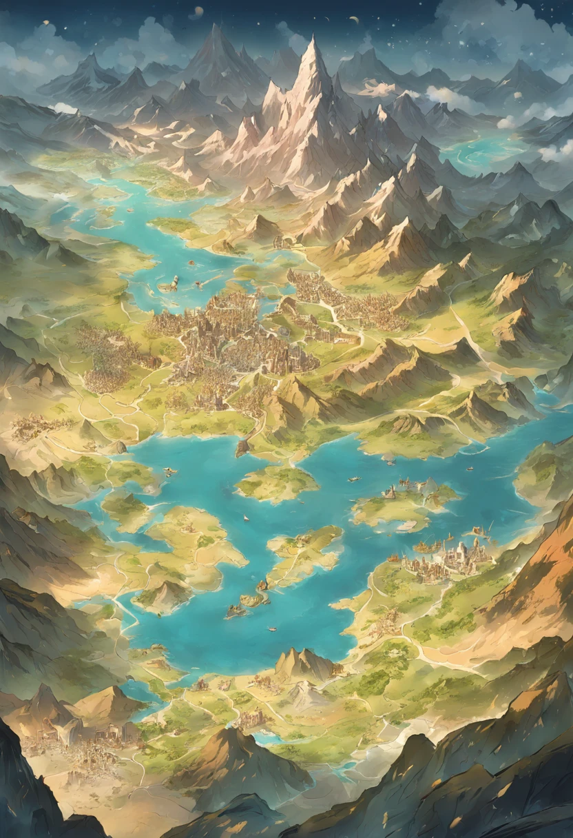 Map of the continent of Varant，In the middle of the map are hills，To the north is the Highlands，To the south is a basin with many lakes，To the west is the desert，To the east is a plain with many rivers，Fantasy cartography，Game map，Detailed map