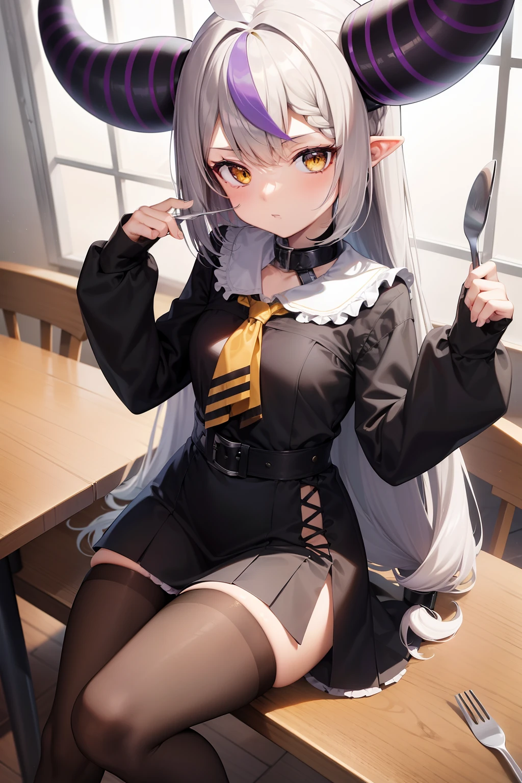 masutepiece, top-quality, High resolution,2D,animesque,sleeves past wrists, sleeves past fingers, braid, Long sleeves, single leg pantyhose, yellow ascot, ascot, Black footwear, Dress, Metal collar, long boots, Black Dress, Collar, pantyhose, single thighhigh,Sitting on a chair, Girl with fork and spoon, Hands up, ((diagonal composition:1.4))