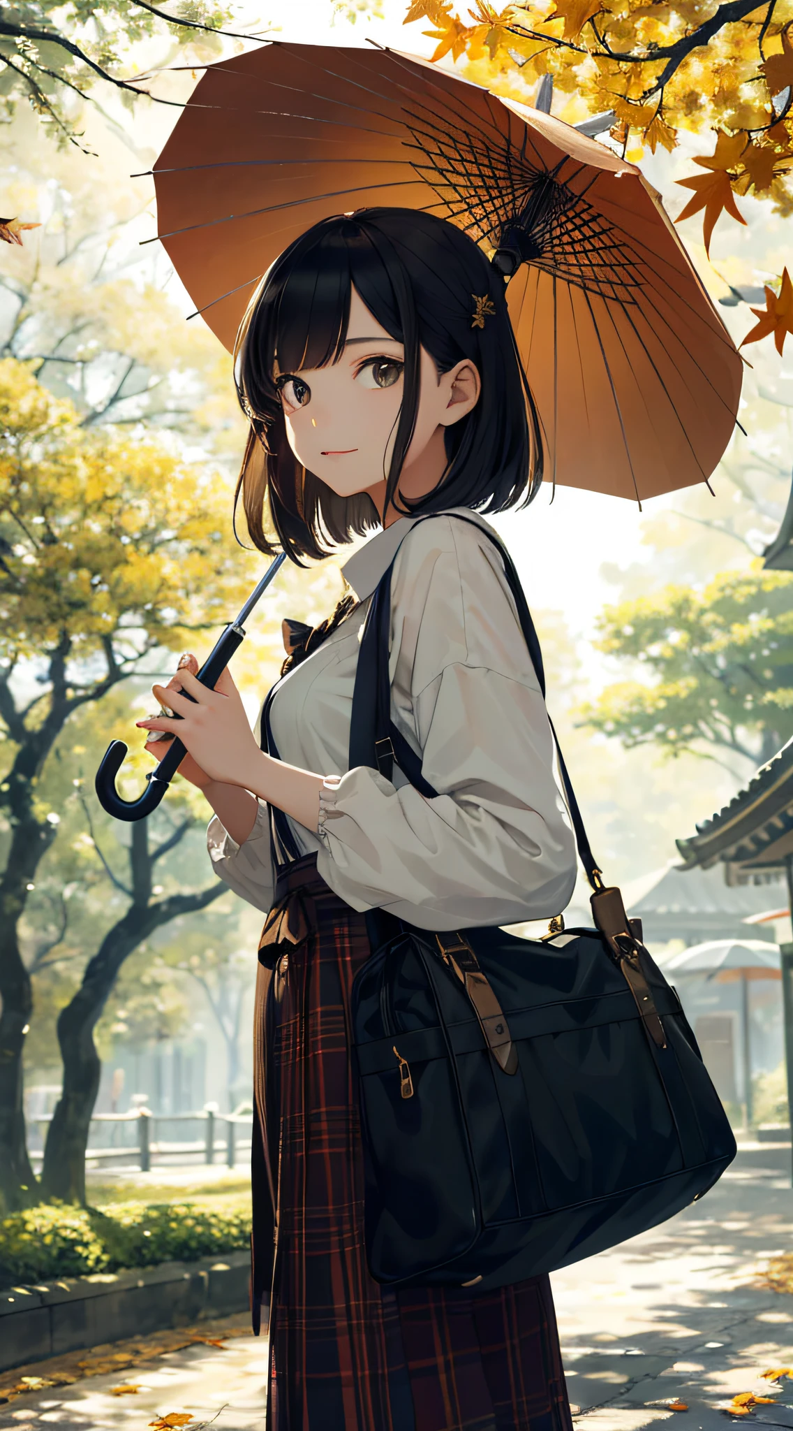 autumnal,beautiful Girl(1girll:1.3),A high resolution,ultra - detailed,ginko,Ginkgo tree,komono,holding a umbrella,Noon time,And focus on the subtle details and atmosphere of the scene。