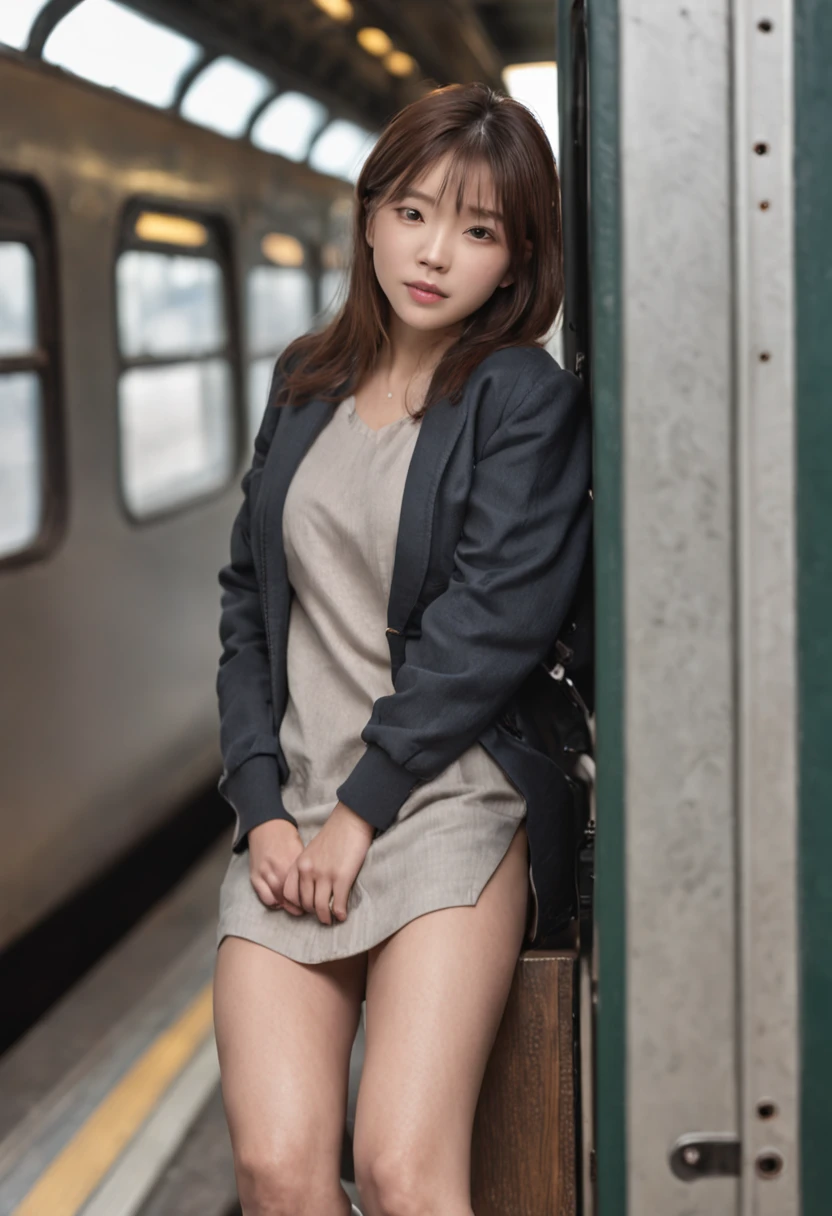 train　Take a seat　Sleeping leaning against the wall　legs wide open　校服　a short skirt　The  is visible　Streaks in the  area　perspiring　bob