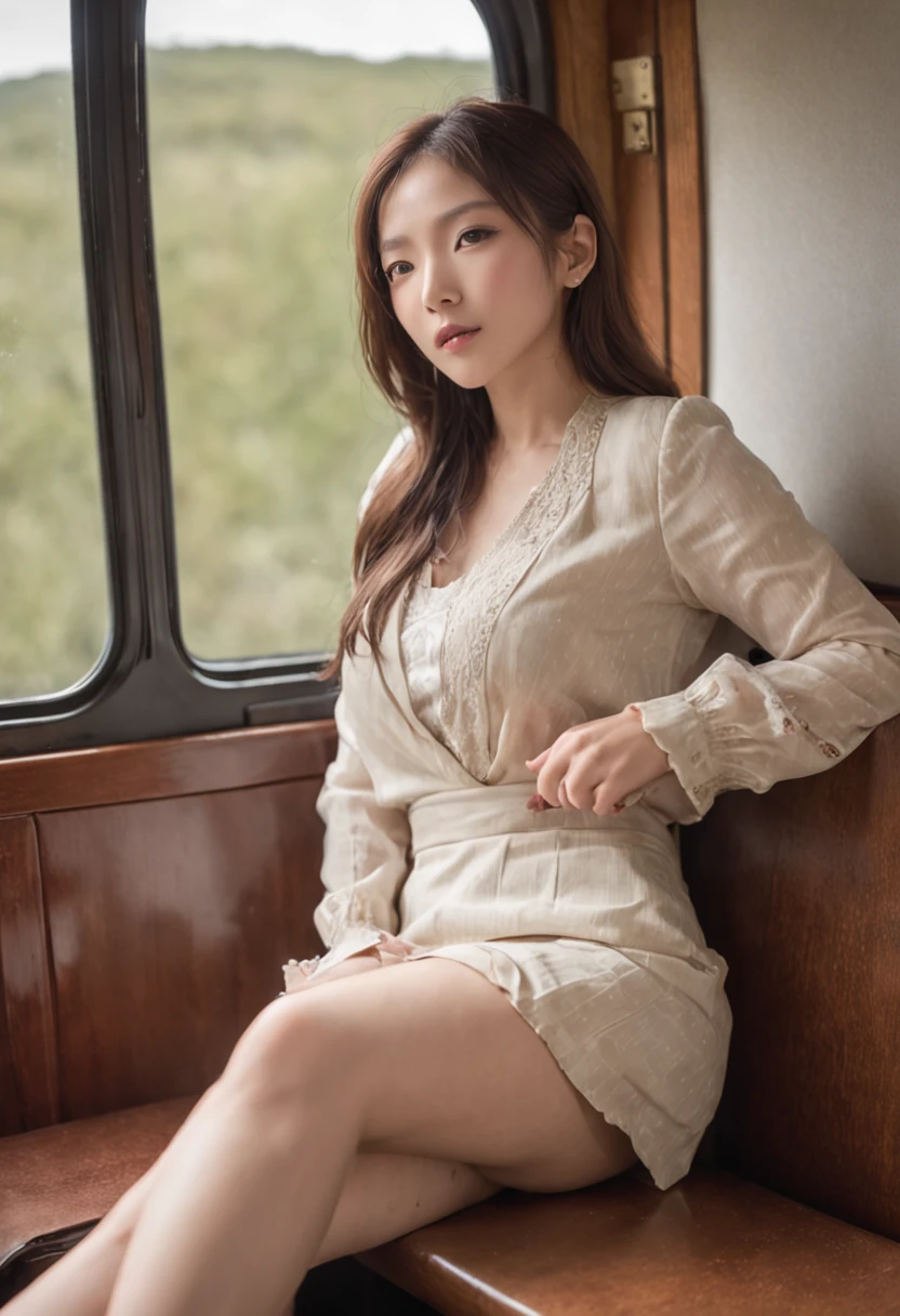 train Take a seat Sleeping leaning against the wall legs wide open 校服 a short skirt The crotch is visible Streaks in the crotch area perspiring bob
