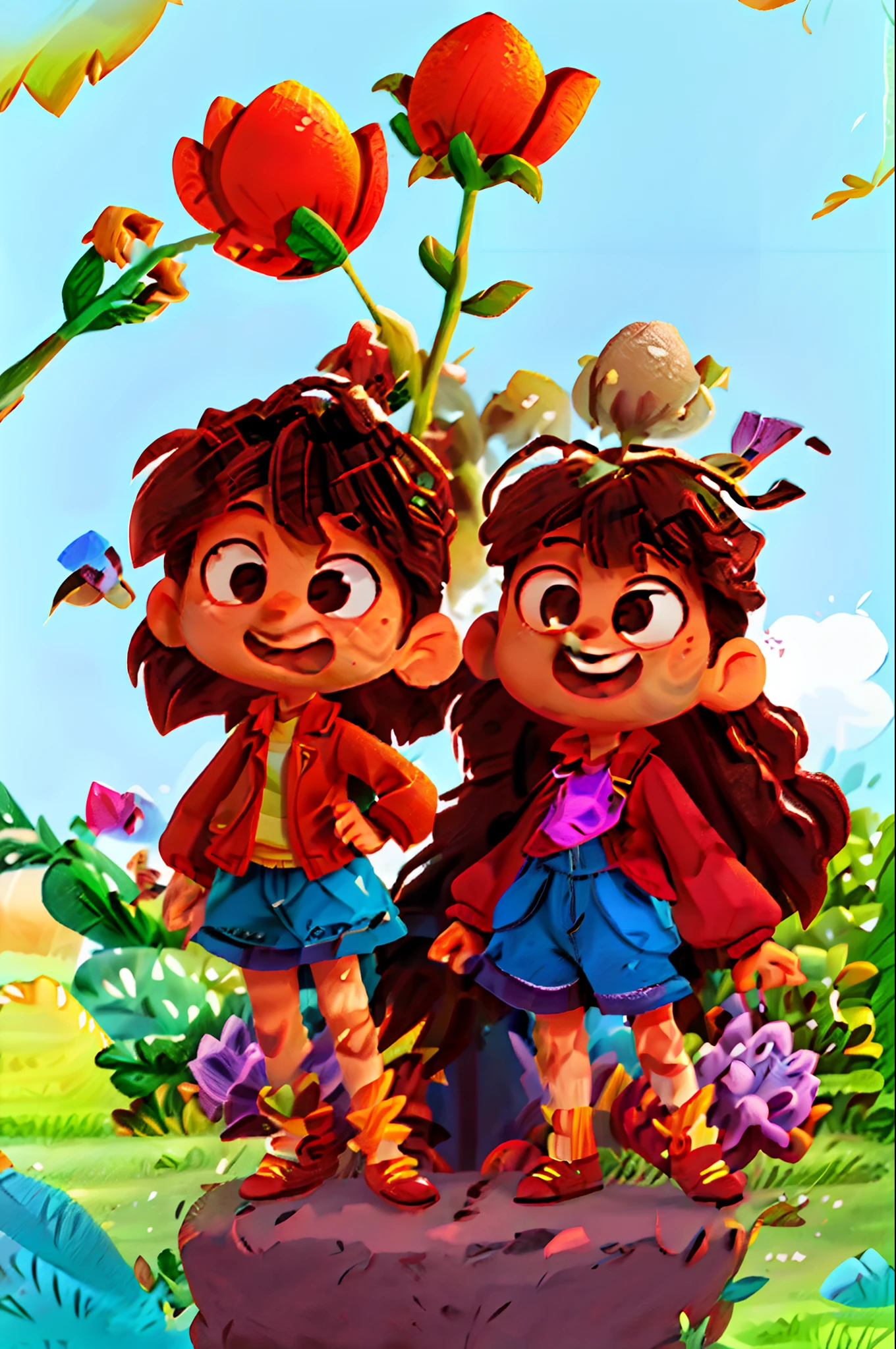 1 girl and boy, Solo, Brown hair, Long hair, Brown eyes, Holding, shairband, Outdoors, Skirt, Smile, flower, view the viewer, balloon, White skirt, Long sleeves, Open mouth, nail polish, Earrings, Blurry, day, bangs, The background is blurred out, jewelry, tulip, :D, sky, Blush, sleeves past wrists, Field, Jacket, yellowflower, holding flower, flower field, standing, Blue sky, petals, Pleated skirt, shirt, Cloud, Depth of field
