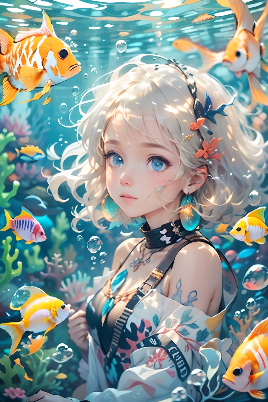 1 girl, blue eyes, blue theme, yellow fish, solo, jewelry, earrings, bubbles, necklace, gold earrings, underwater, yellow hair, short hair, blonde necklace, white hair, bubbles, letterbox, jellyfish, upper body, floating hair, (ocean floor、Marine life、Beautiful coral reef、The fish), Messy painting style, Hair flows in water, silhouette, from side