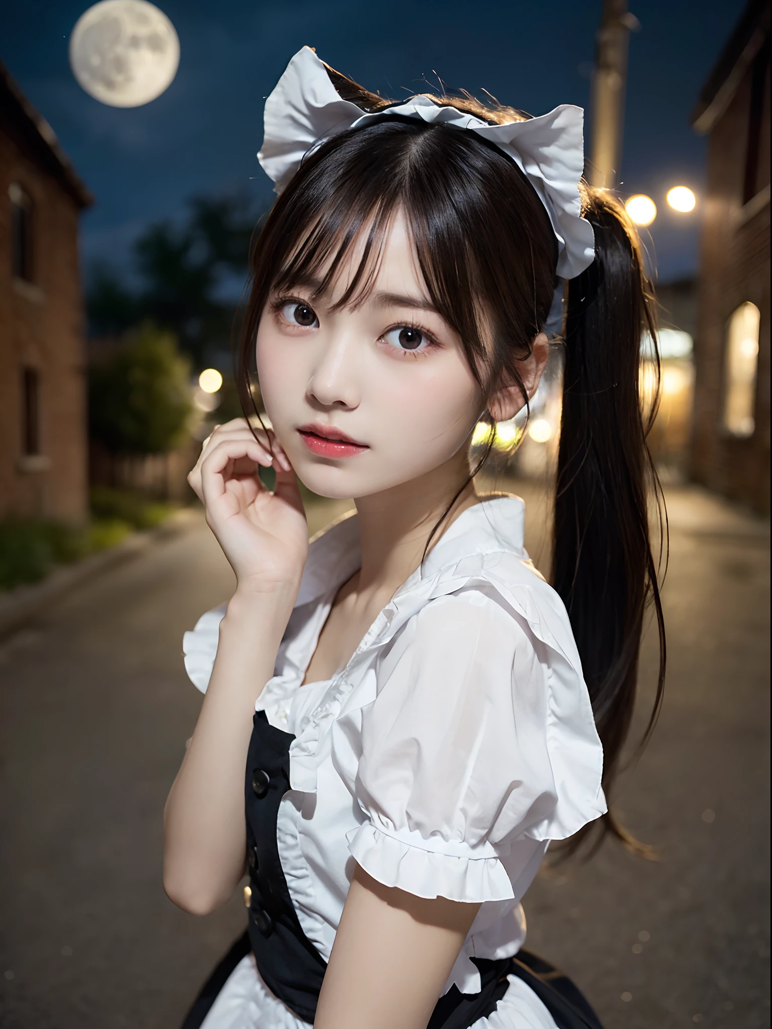 (Close up portrait of slender little breasted girl with twin-tailed hair fluttering in the wind in maid dress:1.5)、(Girl sadly looking at full moon shining in night sky:1.3)、(Brick warehouse on full moon night :1.3)、(tre anatomically correct:1.3)、(complete hands:1.3)、(complete fingers:1.3)、Photorealsitic、Raw photography、masutepiece、top-quality、Hi-Res、delicate and pretty、face perfect、Beautiful detailed eyes、Fair skin、Real Human Skin、pores、((thin legs))、(Dark hair)