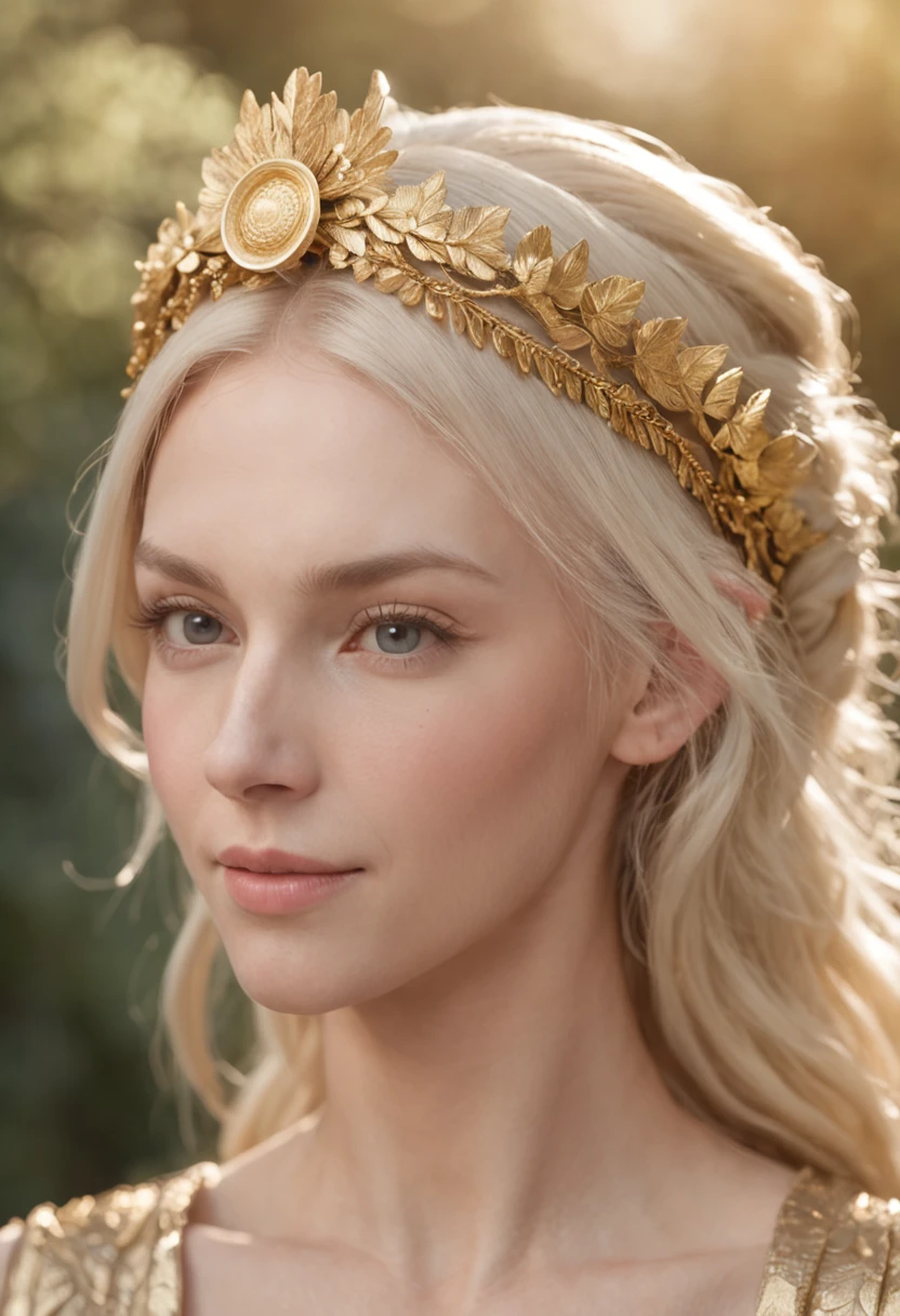 mother goddess of mercy and fertility, with blonde hair and blue eys, is fair-skinned, (looks very mild and gentle), is smiling happily, wears {elegant, long, loose, (black:1.3), greek toga}, puts on golden circlet, ancient Delos island, palm trees, golden flowers, Greek mythology, celestial and peaceful atmosphere, photorealistic, super high quality, super detail, ultra accurate description of hands, masterpiece, 8K, HDR