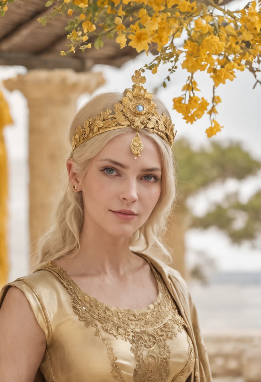 mother goddess of mercy and fertility, with blonde hair and blue eys, is fair-skinned, (looks very mild and gentle), is smiling happily, wears {elegant, long, loose, (black:1.3), greek toga}, puts on golden circlet, ancient Delos island, palm trees, golden flowers, Greek mythology, celestial and peaceful atmosphere, photorealistic, super high quality, super detail, ultra accurate description of hands, masterpiece, 8K, HDR