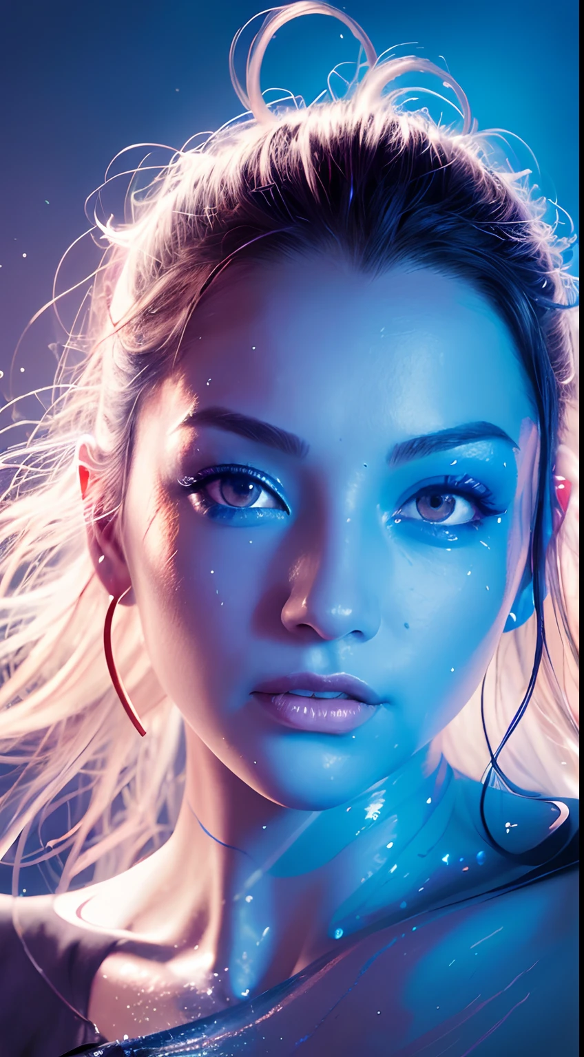 the blue-orange aura radiating around represents a perfect mind, a compassionate smile on his lips. Epic, artstation, splash style of colorful paint, contour, hyper detail, intricate detail, fantasy, bogus engine, fantasy, intricate detail, splash screen, color supplement, fantasy concept art, 16k resolution, deviant masterpiece, oil painting, bold strokes, drip paint, splash art, neon atmosphere, color off, watercolor style, chi Carved detail, rim light, magic, surreal, fantasy, extreme, realistic, features sharp, high detail, sharp focus, color off, perfect face, perfect eyes , perfectly plump lips , supple female figure, vivid, cinematic, Film light, Super detailed, Hyperrealistic, masterpiece, atmosphere, high resolution, brilliant, luster Dynamic studio light, wlop, Glenn Brown, Carne Griffiths, Alex Ross, artgerm and james jean. headlights, camera tilt shift.