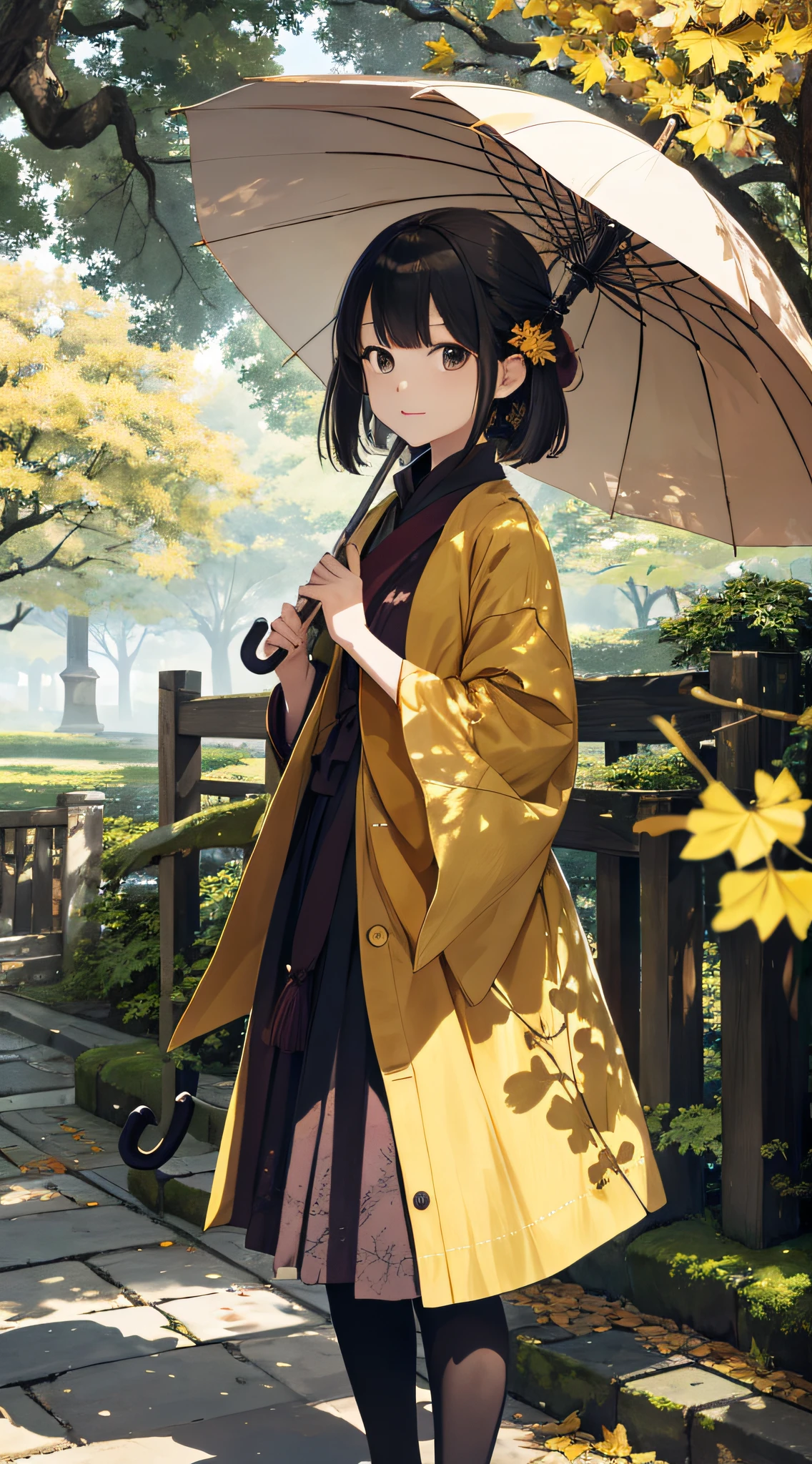 autumnal,beautiful Girl(1girll:1.3),A high resolution,ultra - detailed,ginko,Ginkgo tree,komono,holding a umbrella,Noon time,And focus on the subtle details and atmosphere of the scene。