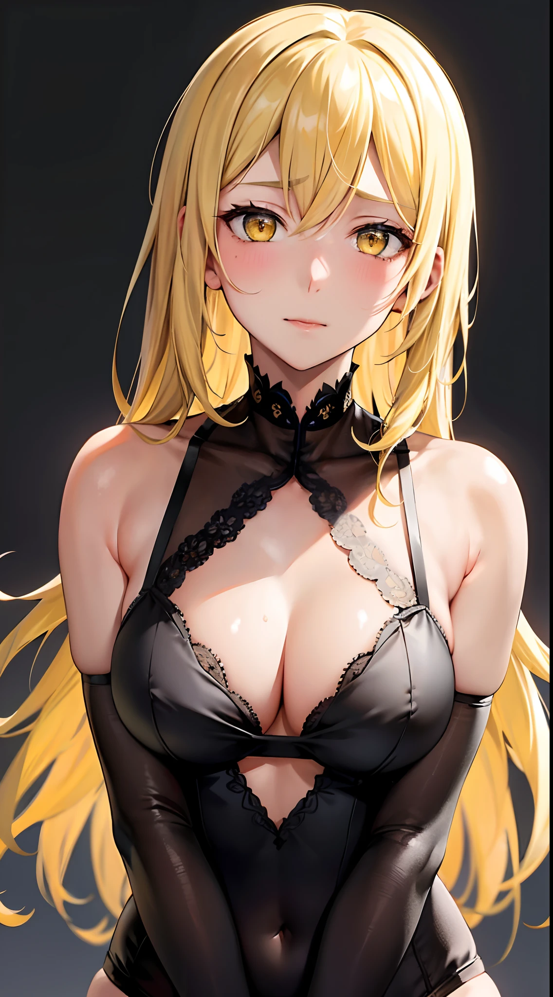 masterpiece, best quality, 1girl, looking at viewer, cute, bra, medium breasts, yellow eyes, aiz wallenstein, yellow hair, long hair, beautiful detailed eyes, embarrassed, (upper body:1.4), simple background, ((paws))