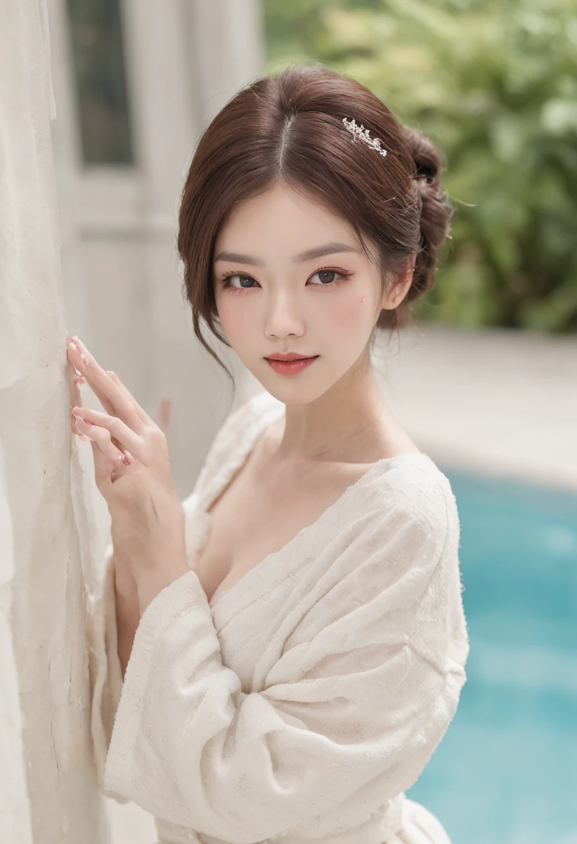 A smile、Royal Sister, gentle、bath robe、sandals、profesional lighting、Night Pool、(top-quality)、(Masterpiece)、20yr old、D-cups、ellegance、Korean female1One guy、(Best quality)、(8K)、Whitening skin、Very delicate and delicate skin texture、Snow-whiteskin、Delicate long hair、Cute