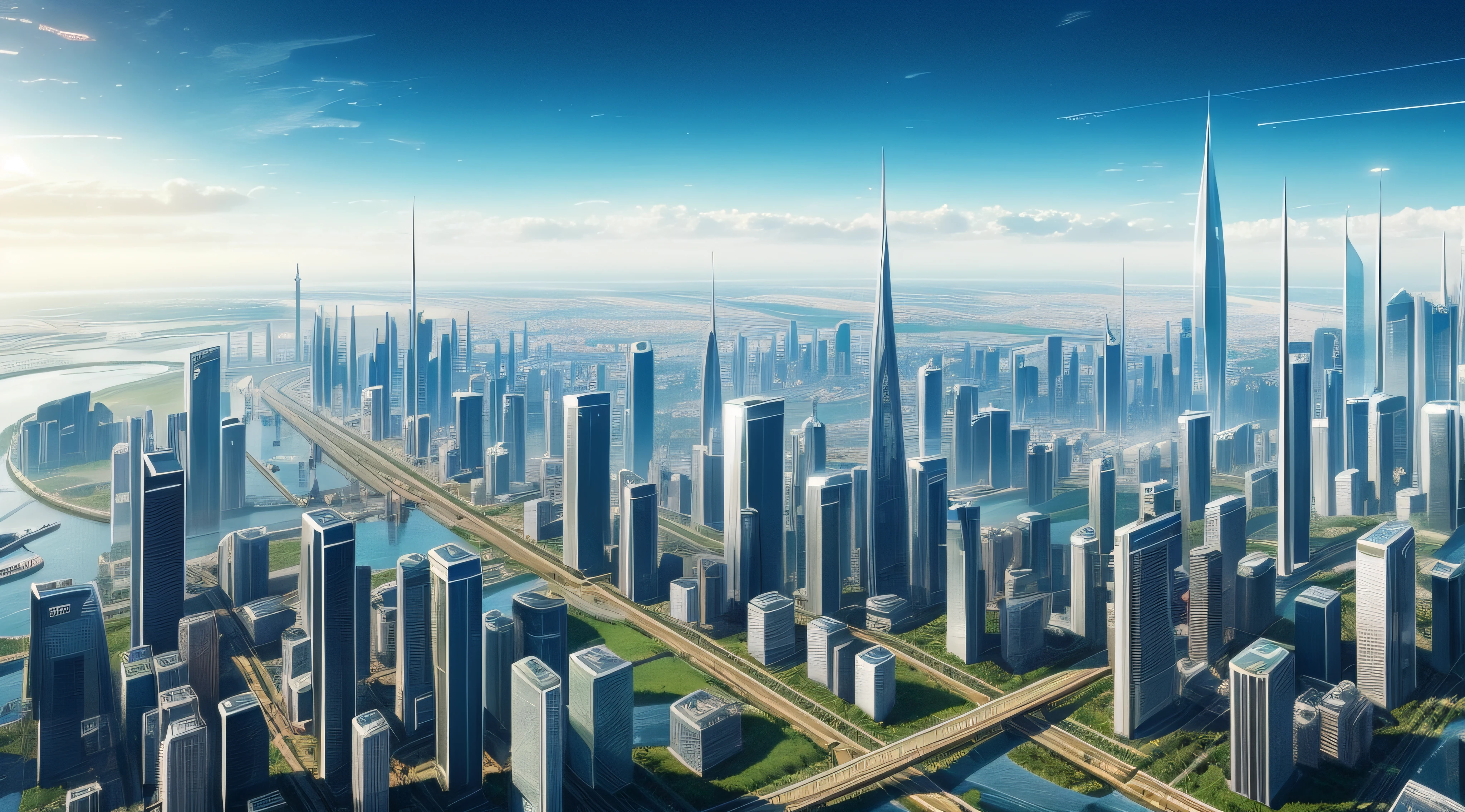 A city with many tall buildings and trains on tracks, Bright futuristic city, In sci-fi cities, Futuristic city landscape, Utopian Super Tech Building, Bright utopian metropolis, Futuristic utopian city, Sci-fi super tech city, futuristic metropolis,Sci-fi super tech city, Super Tech City, Futuristic city landscape, futuristic dystopian city