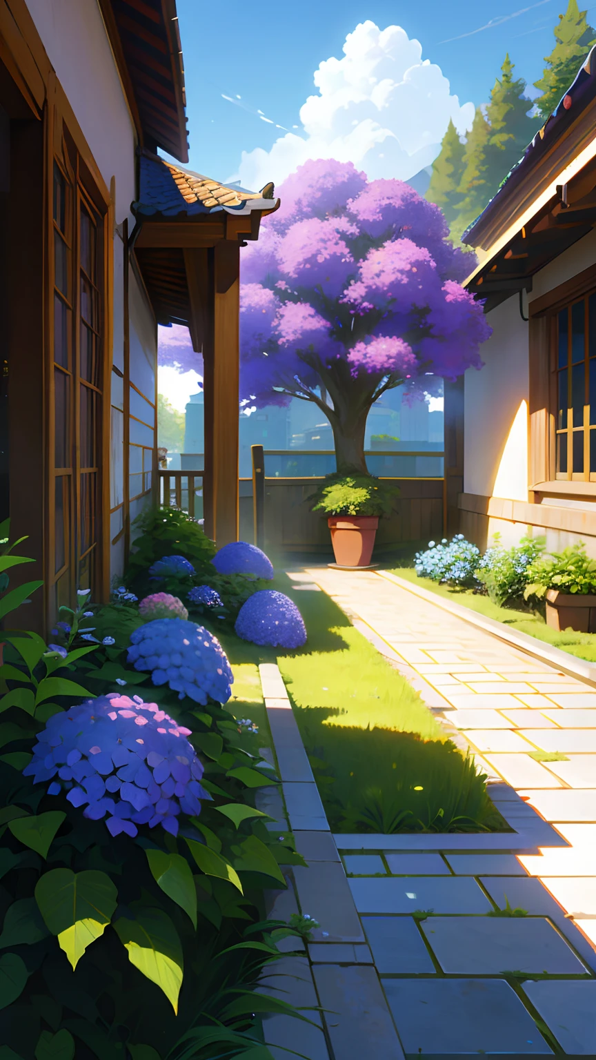 (ultra high res,photorealistic,best quality,photo-realistic),(8k,raw photo,best quality,masterplece),(photon mapping,radiosity,physically-based rendering,automatic white balance),real person,photograph,bridge, building, bush, city, cloud, day, door, fence, field,orest, garden, grass, house, hydrangea, mountain, nature, no_humans, outdoors, path, plant, potted_plant, purple_flower, road, scenery, sky, skyscraper, traditional_media, tree,