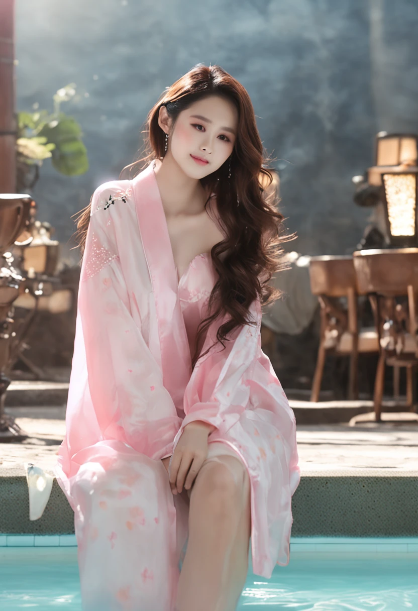 A smile、Royal Sister, gentle、bath robe、sandals、profesional lighting、Night Pool、(top-quality)、(Masterpiece)、20yr old、D-cups、ellegance、Korean female1One guy、(Best quality)、(8K)、Whitening skin、Very delicate and delicate skin texture、Snow-whiteskin、Delicate long hair、Cute