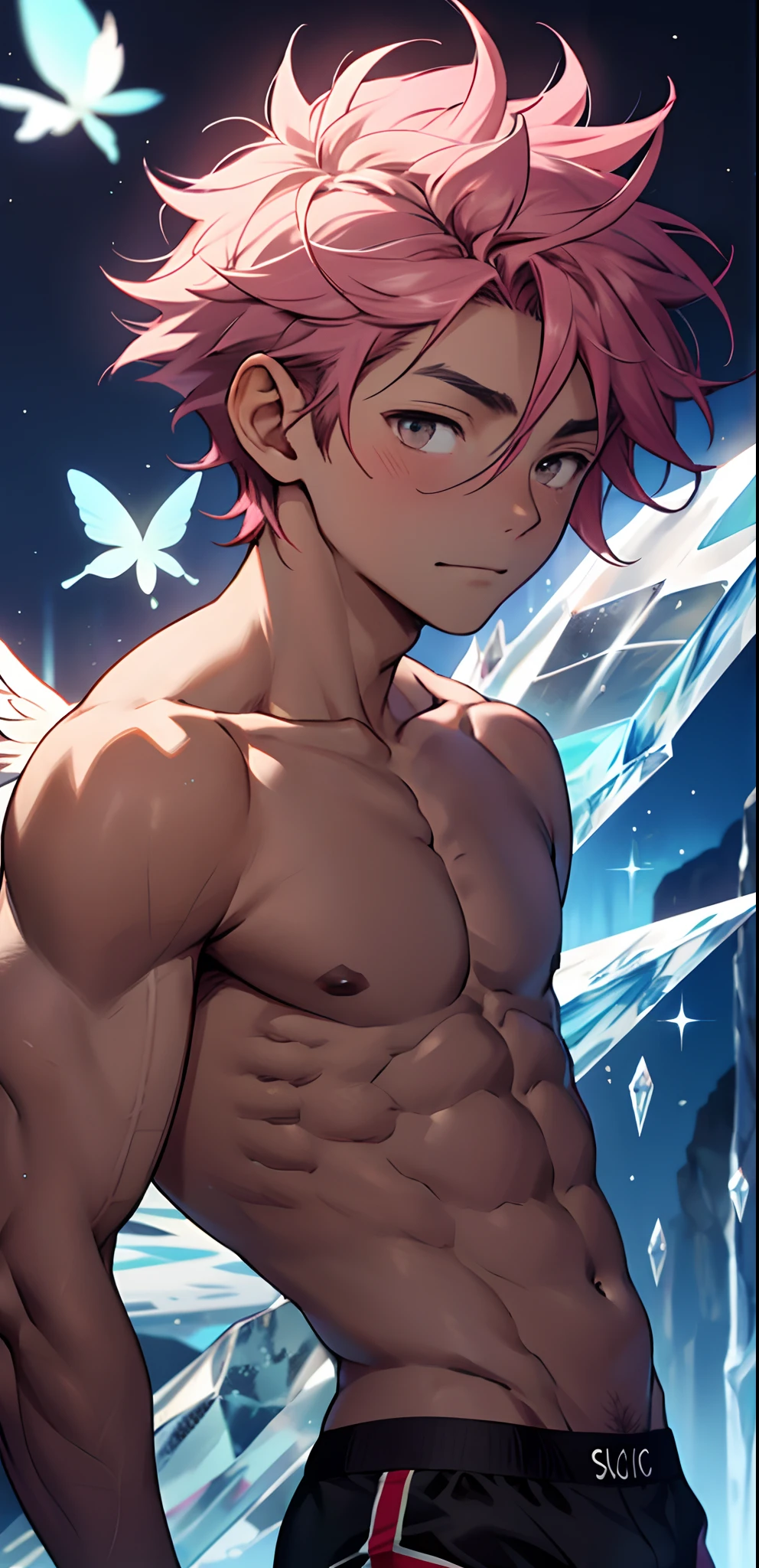 (masterpiece, best quality),Male children,nakeness,A pink-haired,A young boy with,younge boy,Kid's face,adolable,infancy,Young age,Short round face,Flat chin,children's,infancy,(Kid's face),Land of Crystals,ice field,Pink belly hair,Pink chest hair,Pink pubic hair,Young age,Flat chin,The body is covered with black feathers,Fine face in detail,Clean skin,White men's briefs,musculous,pink short hair,Bright Hair,White eyes,Keep your eyes wide open,nakeness,White briefs,White briefs,Pectoralis abdominal muscles,Strong and well-developed muscles,Butterflies with feather-like wings shimmer with crystal-like brilliance,Bright and vivid colors,(depth of fields:1.2),Positive audience,looking at viewert,Black feathers fall on the body,the night,Holy,Light-sensitive,byself