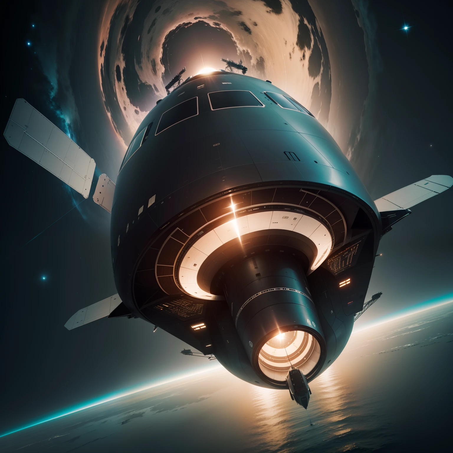 A faster-than-light spacecraft has a total length of 200 meters,The fuselage is generally flattened in the shape of a saucer, Power is provided by two independent rod engines,Two engines are connected to the rear side of the fuselage,The spacecraft is H-shaped,The engine is 100 meters long,Wrapped in a black hole while sailing