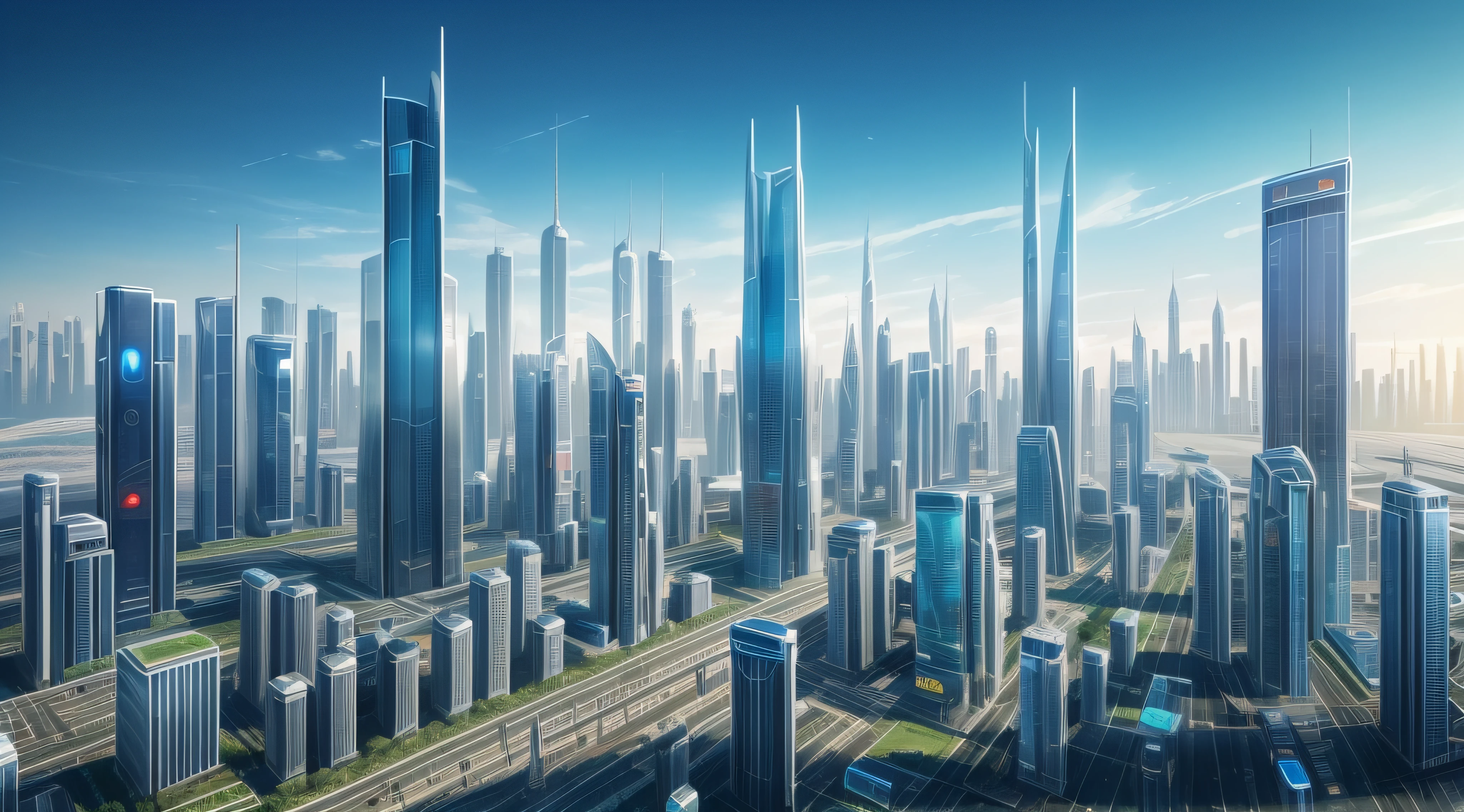 A city with many tall buildings and trains on tracks, Bright futuristic city, In sci-fi cities, Futuristic city landscape, Utopian Super Tech Building, Bright utopian metropolis, Futuristic utopian city, Sci-fi super tech city, futuristic metropolis，Sci-fi super tech city, Super Tech City, Futuristic city landscape, futuristic dystopian city