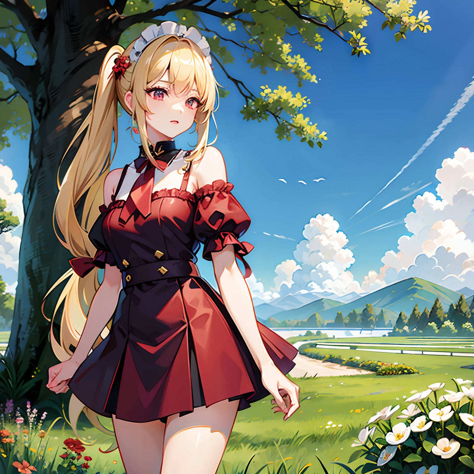 a blond、poneyTail、red eyes、Beautiful girl alone、独奏、maid clothes、off shoulders、a miniskirt、flower field