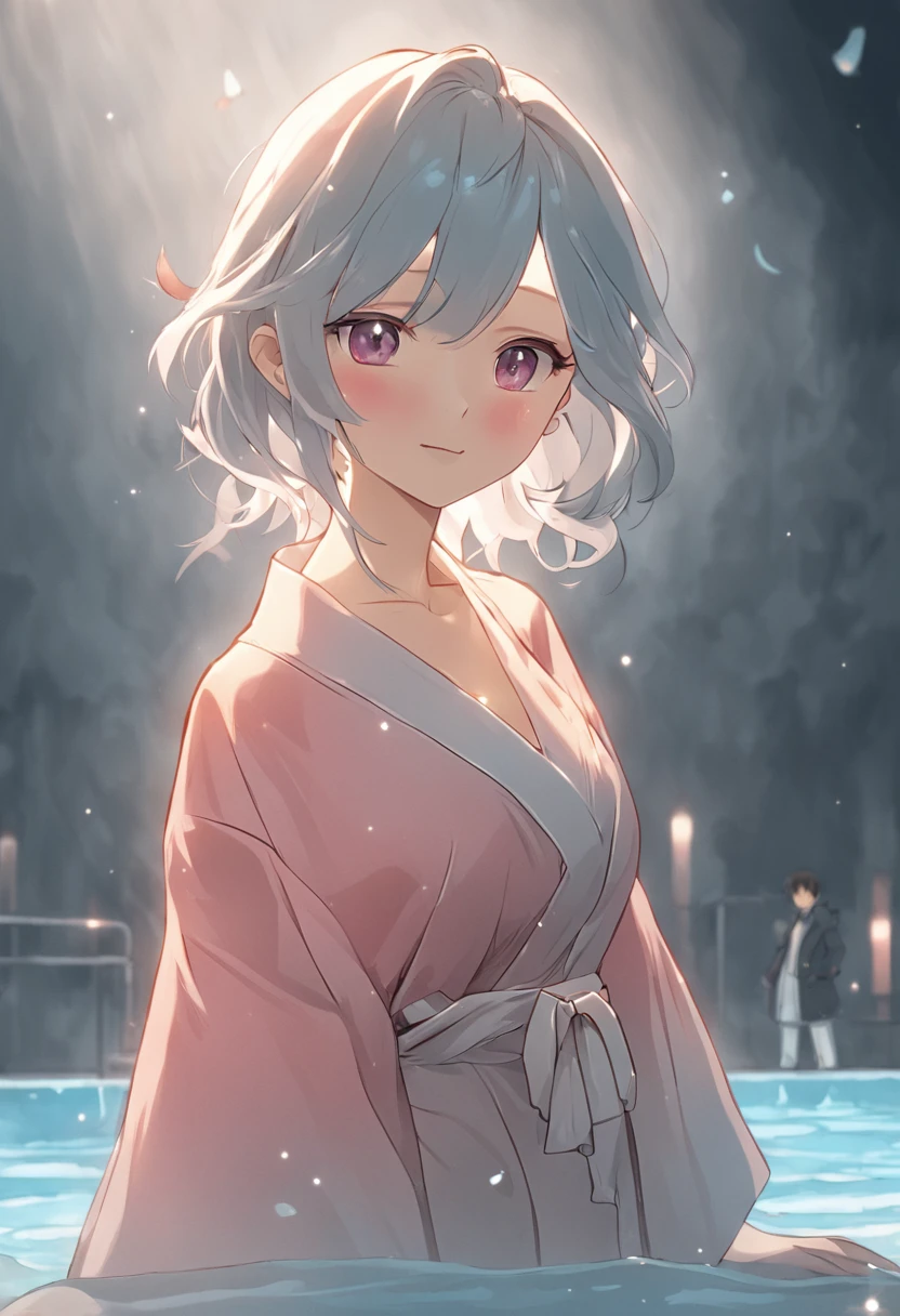 A smile、Royal Sister, gentle、bath robe、sandals、profesional lighting、Night Pool、(top-quality)、(Masterpiece)、20yr old、D-cups、ellegance、Korean female1One guy、(Best quality)、(8K)、Whitening skin、Very delicate and delicate skin texture、Snow-whiteskin、Delicate long hair、Cute
