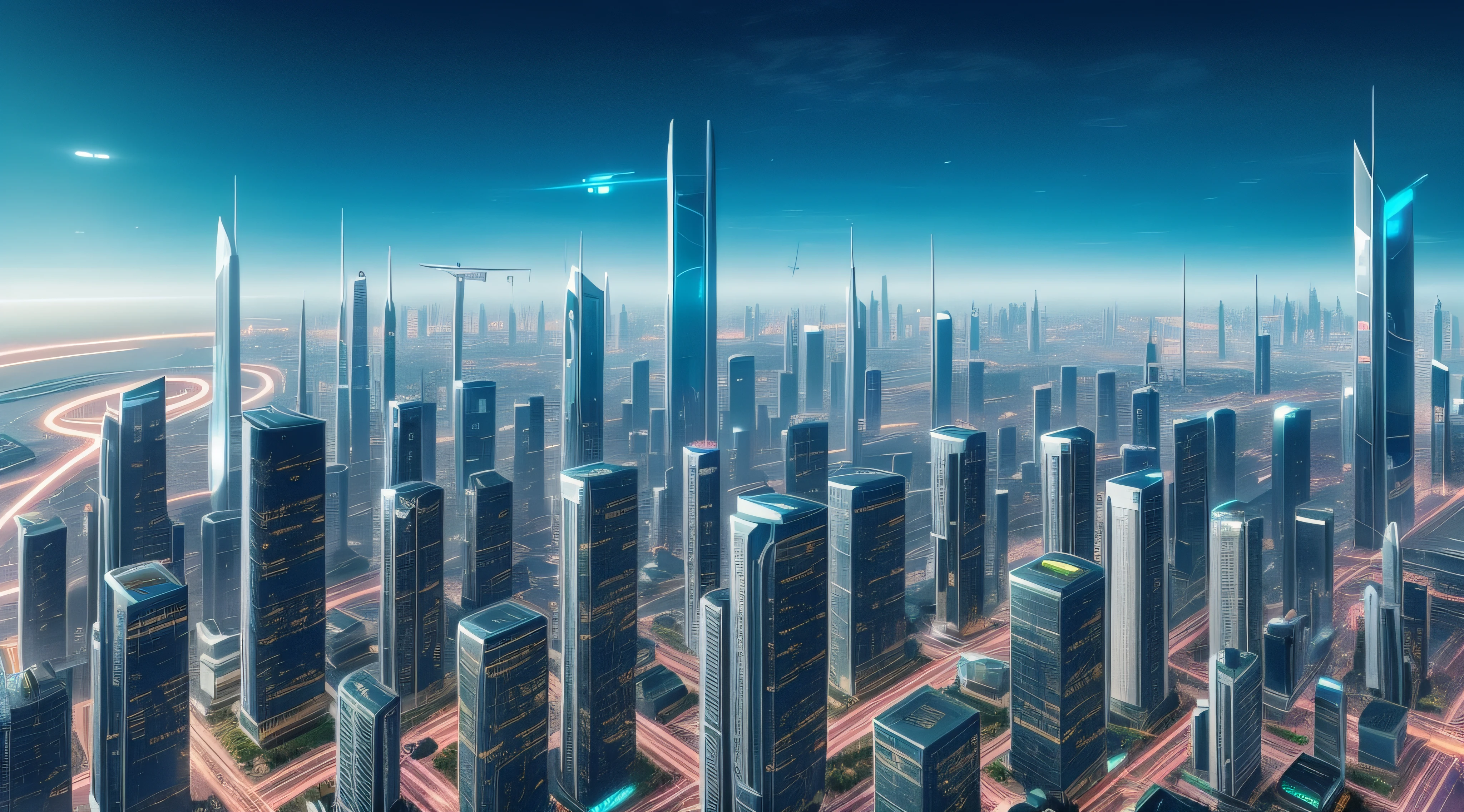 A city with many tall buildings and trains on tracks, Bright futuristic city, In sci-fi cities, Futuristic city landscape, Utopian Super Tech Building, Bright utopian metropolis, Futuristic utopian city, Sci-fi super tech city, futuristic metropolis，Sci-fi super tech city, Super Tech City, Futuristic city landscape, futuristic dystopian city