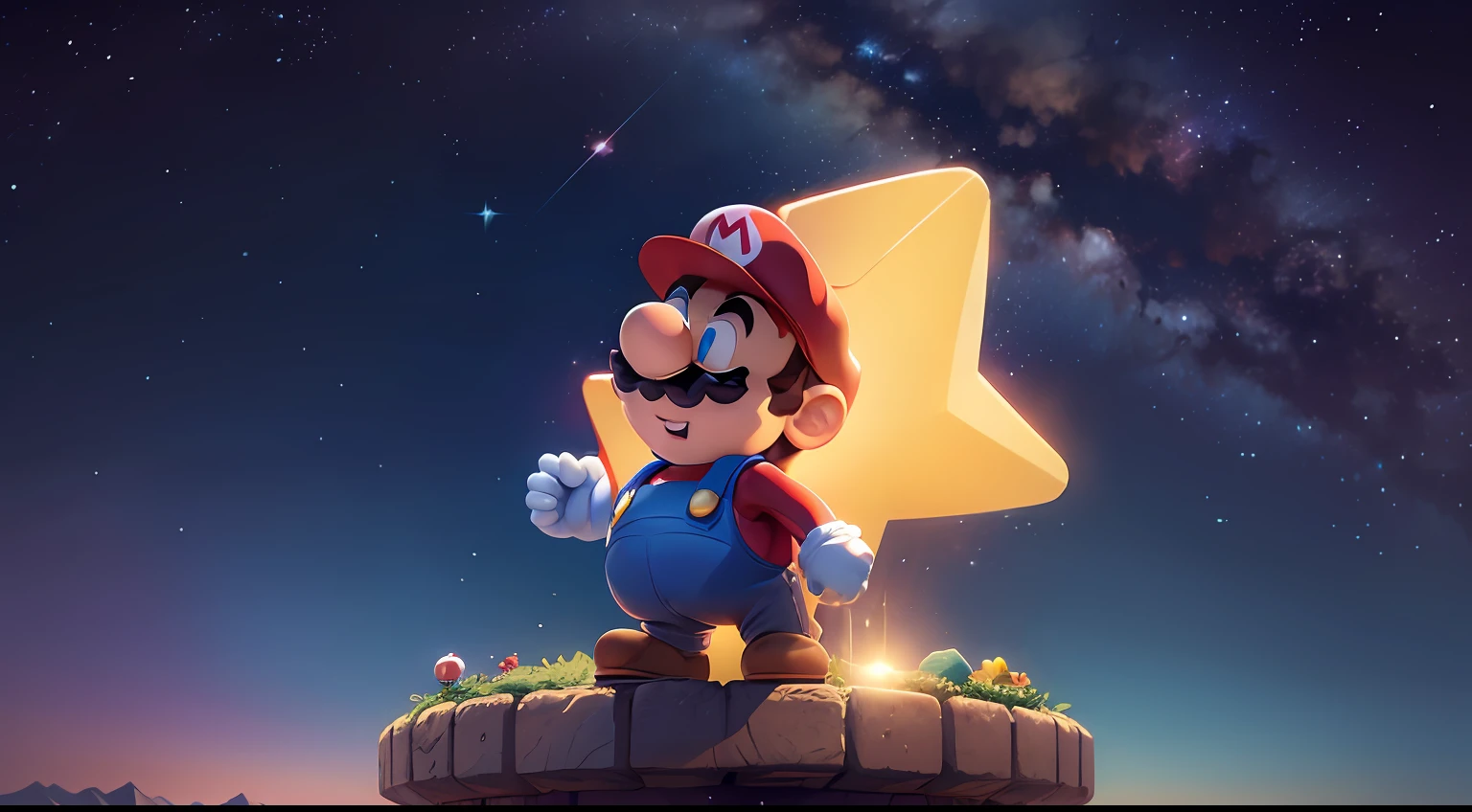 Super Mario looking up at the starry midnight sky, Estilo Lofi, fechar para cima, Ultra Detalhado, 8k