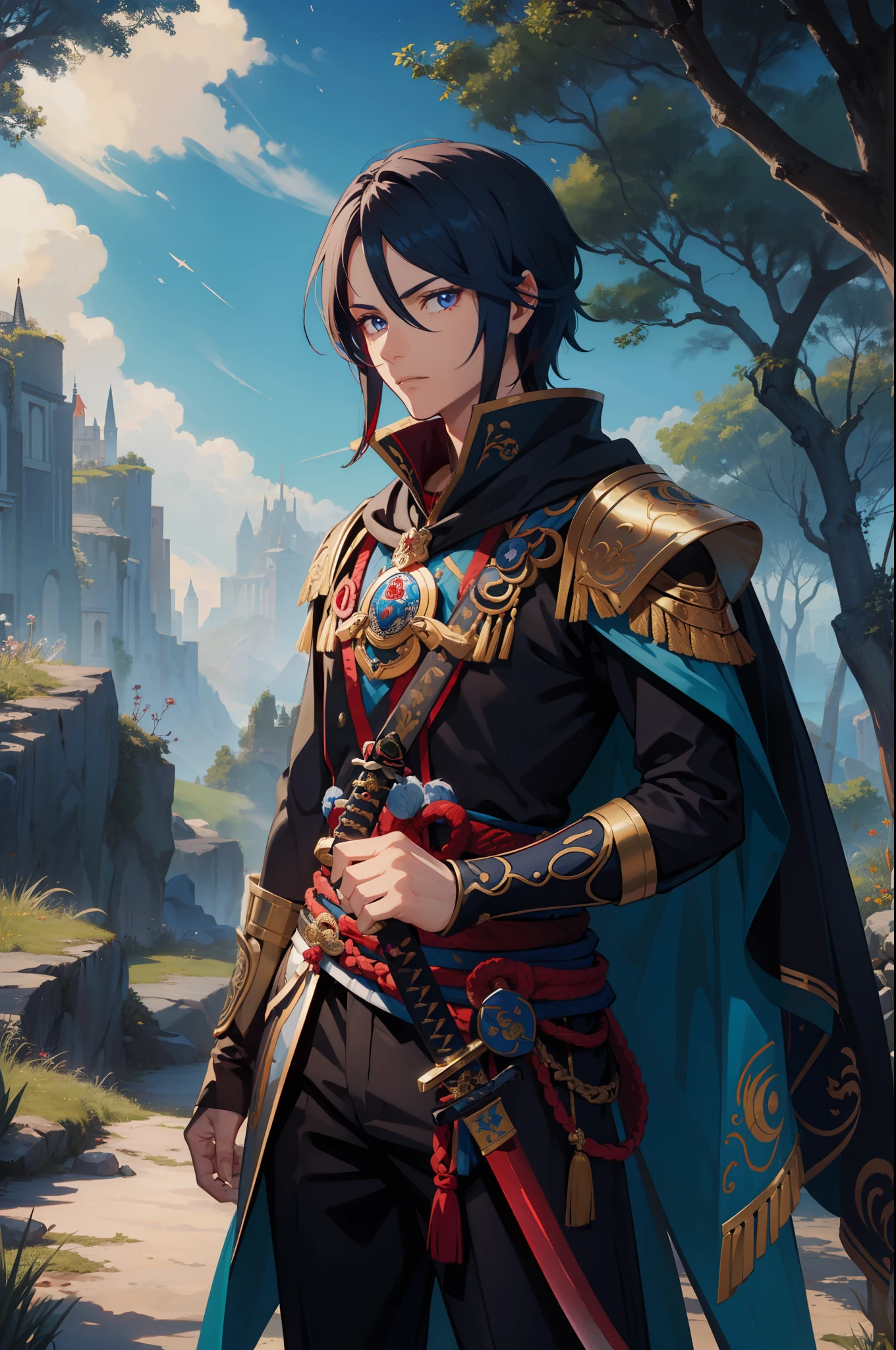 hechicero noble masculino, ojos rojos, cabello azul intenso ,traje de hechicero detallada, usando guantes,(sosteniendo una katana:1.2), espada de una mano, (Higher quality, Detalles asombrosos: 1.25), (solamente: 1.3)