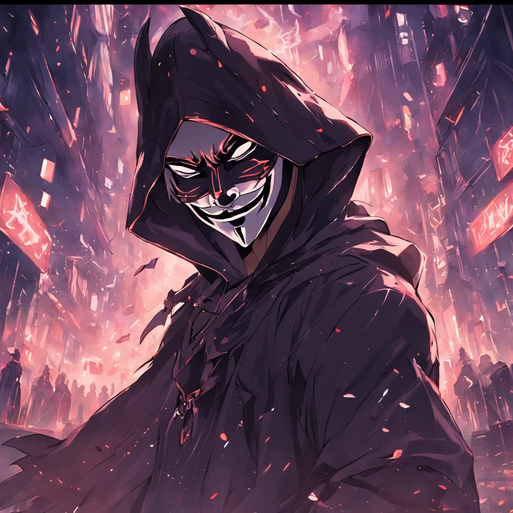 The hacker wearing the Guy Fawkes mask slowly took off his hat with his head down，The background is base-2，Wear black gloves on both hands