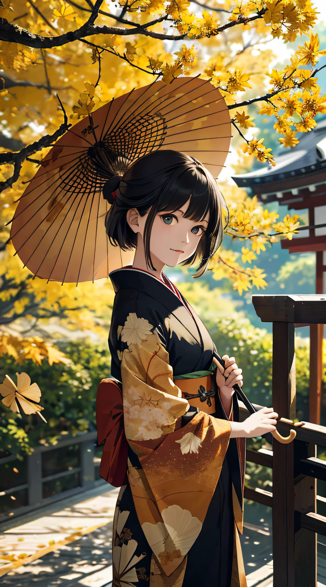 autumnal,beautiful Girl(1girll:1.3),A high resolution,ultra - detailed,ginko,Ginkgo tree,Japan kimono,holding a umbrella,Noon time,And focus on the subtle details and atmosphere of the scene。