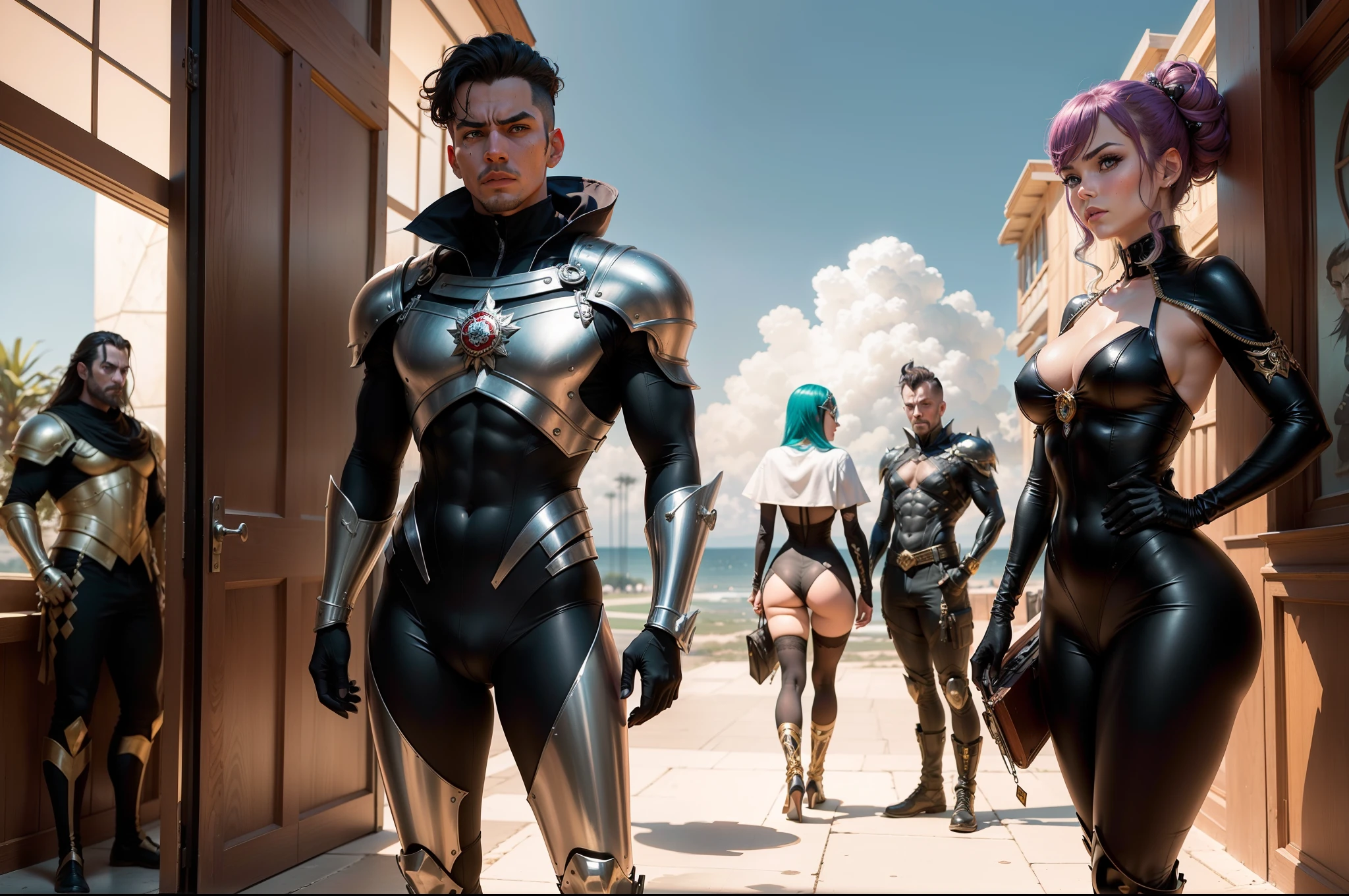 (Obra maestra) (La mejor calidad) Four villains from a 2020 movie. Son muy bonitos y atractivos, Wearing strange looks with metallic ornaments and strange clothes. Su mirada es agresiva y desafiante. They are in a hagar with an airplane in the background and large wooden boxes, They are in the foreground with large automatic weapons.