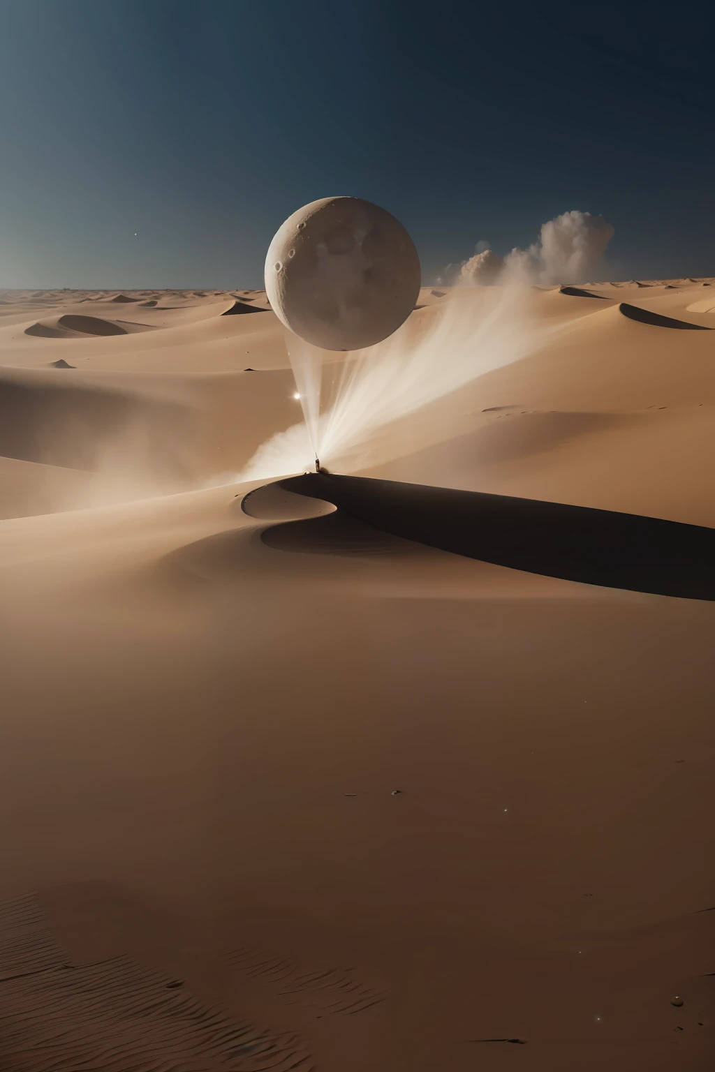 The Moon dissolving into spinning sand, volumetric dust, Cinematic lighting, fechar retrato
