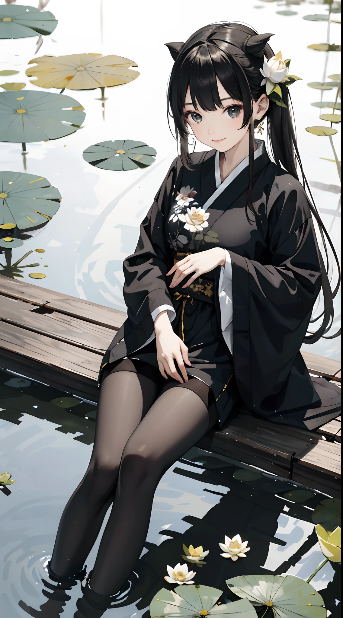 hoang lap，8K high resolution，ultra - detailed，（1girll：1.3），handpainted，Simple lines，16-year-old girl wearing black Chinese clothing，beuaty girl，In the lotus pond，tmasterpiece，Sit on a plank floating in the water，Floating hair，black pantyhoses，black pantyhoses，looking toward the viewer，ssmile，posed for photo，