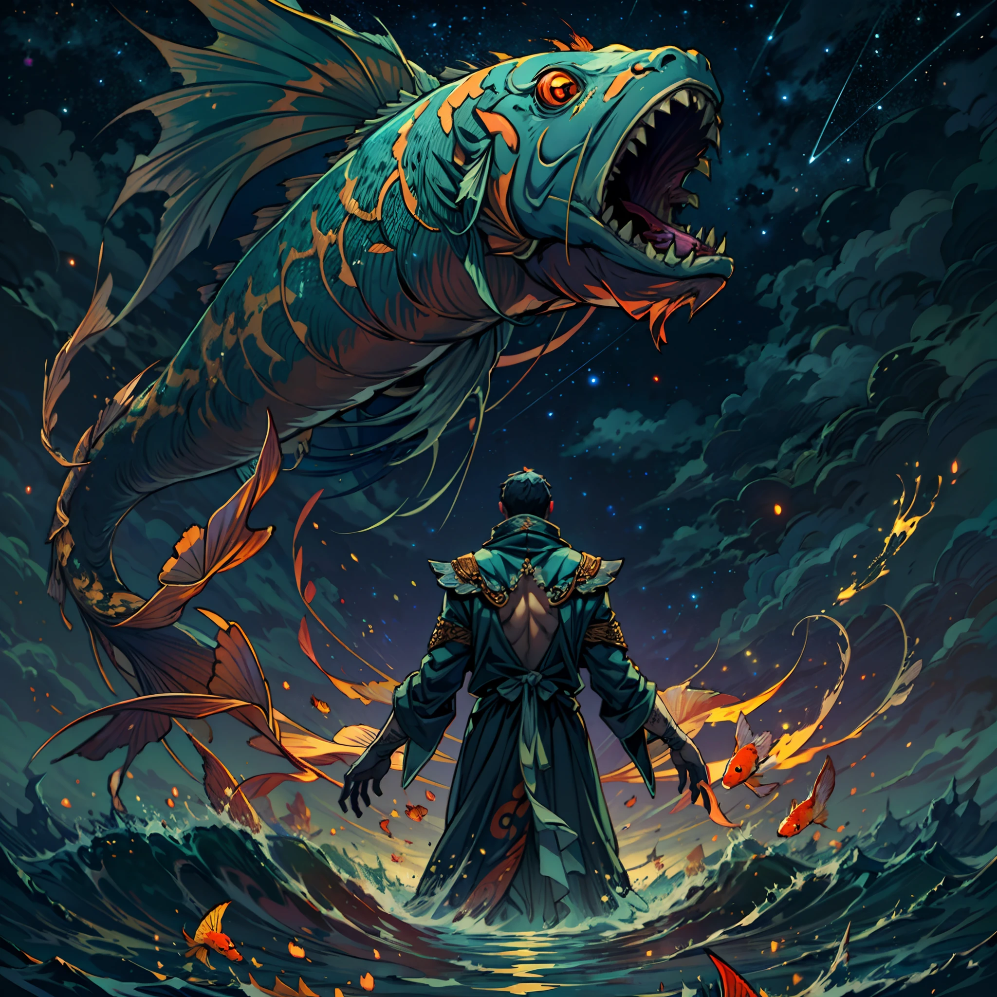 closeup back view of a powerful necromancer (standing on a ground) summoning a (single colossal horrific undead) Koi Fish from the ocean, (dark night sky)