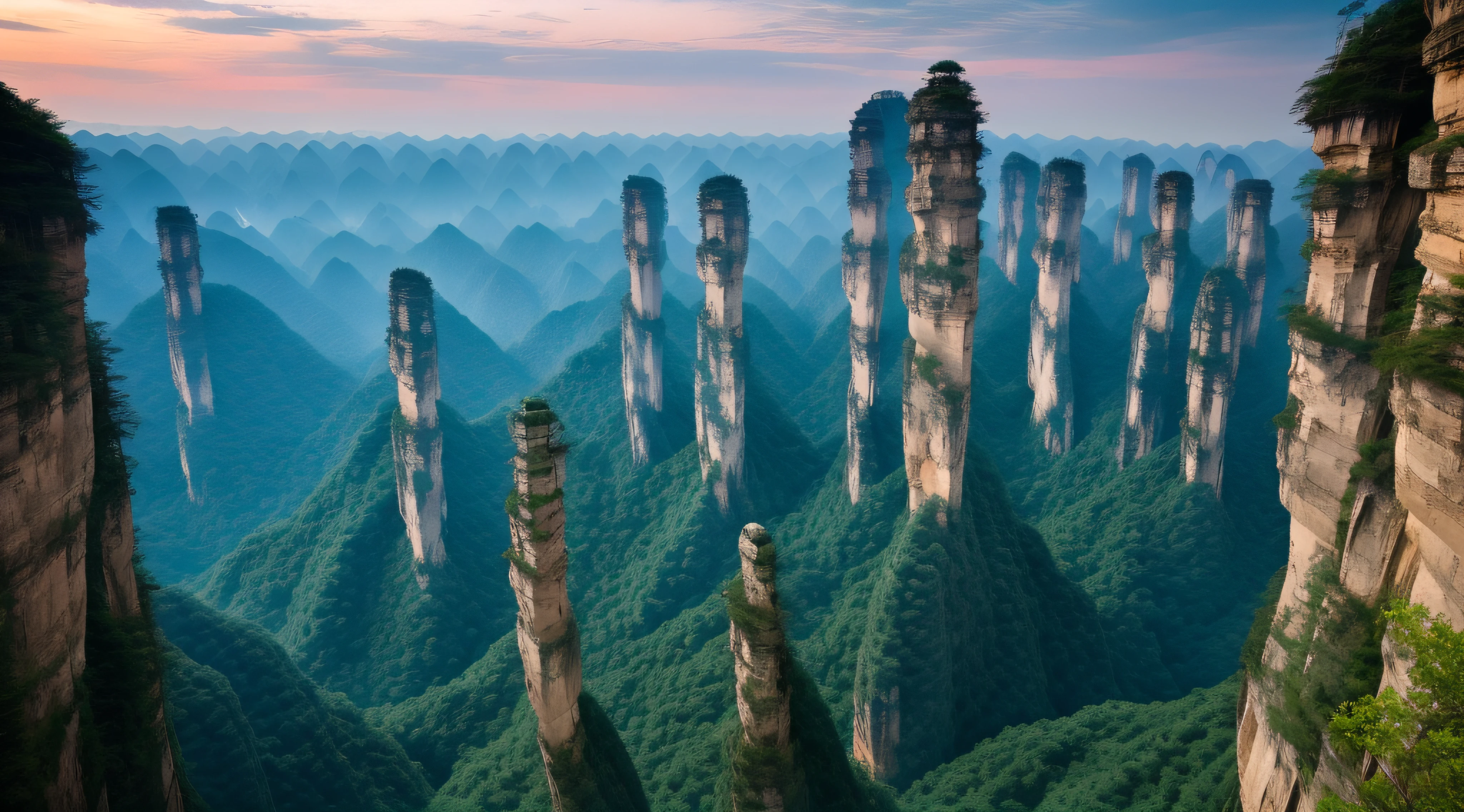 China's mountains and road winds, karst pillars forest, Floating mountains, zhangjiajie national forest park, zhangjiajie, zhangjiajie in early morning, alien breathtaking landscape, giant towering pillars, alien mountains, tall stone spires, epic land formations, amazing alien landscape, stunning alien landscape, Beautiful alien landscape