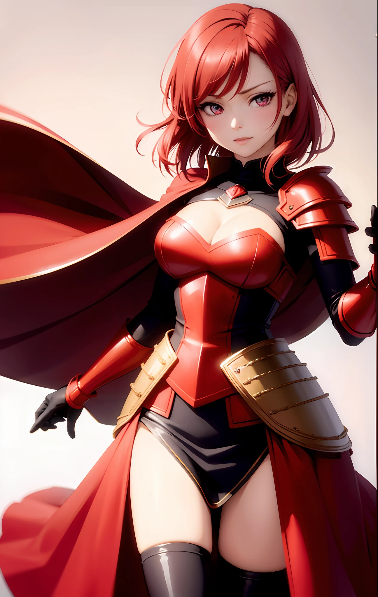 Nishikino maki, Purple eyes, red hair, armor,red skirt, holding shield,cape, cleavage, hentai style