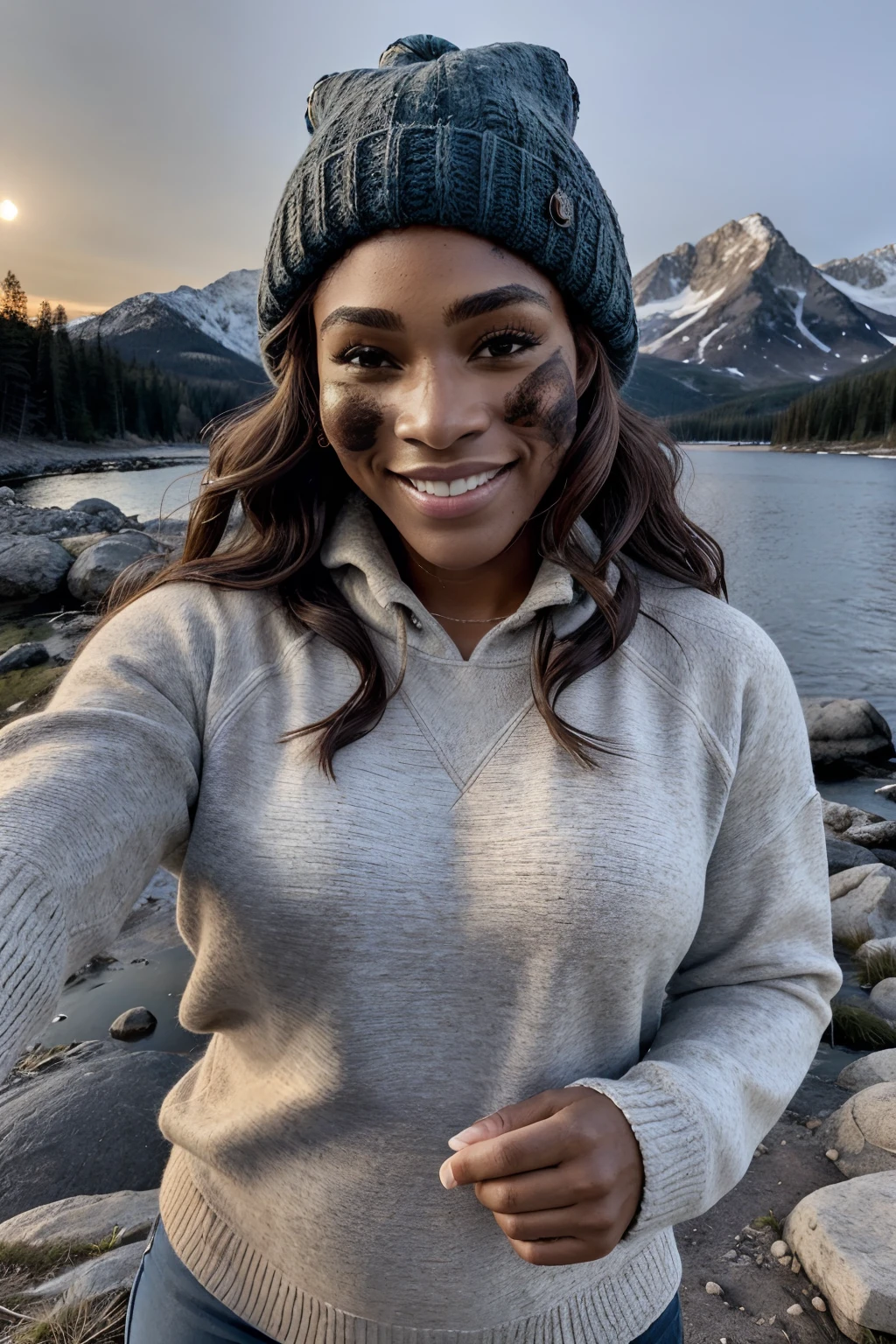 VeronicaCipher ((upper body selfie, happy)), masterpiece, best quality, ultra-detailed, solo, outdoor, (night), mountains, nature, (stars, moon) cheerful, happy, backpack, sleeping bag, camping stove, bottle water, mountain boots, gloves, sweater, hat, lantern, forest, rocks, river, wood, smoke, shadows, contrast, clear sky, style (warm hue, warm tone): 1.2), close-up, cinematic light, side lighting, ultra high resolution, best shadow, RAW, upper body, wearing pullover kodak vision 3,Serena Williams