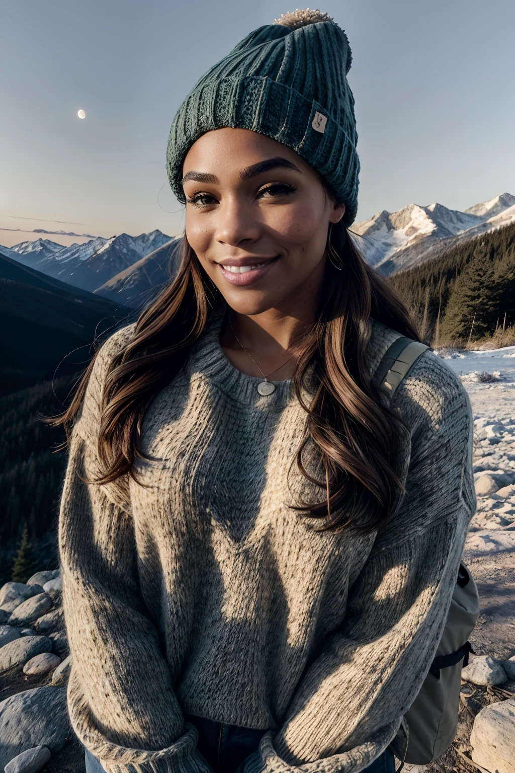 VeronicaCipher ((upper body selfie, happy)), masterpiece, best quality, ultra-detailed, solo, outdoor, (night), mountains, nature, (stars, moon) cheerful, happy, backpack, sleeping bag, camping stove, bottle water, mountain boots, gloves, sweater, hat, lantern, forest, rocks, river, wood, smoke, shadows, contrast, clear sky, style (warm hue, warm tone): 1.2), close-up, cinematic light, side lighting, ultra high resolution, best shadow, RAW, upper body, wearing pullover kodak vision 3,Serena Williams