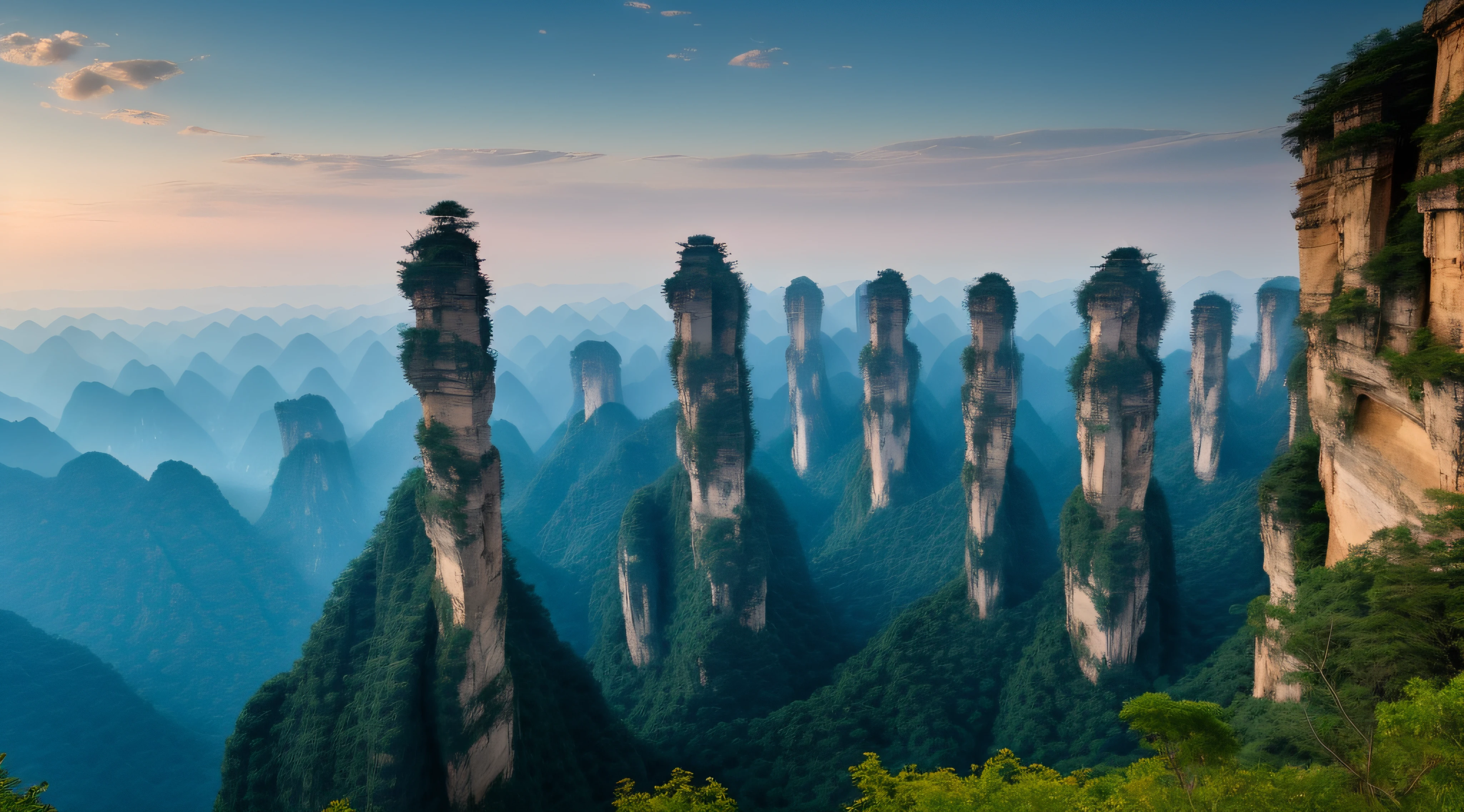 China's mountains and road winds, karst pillars forest, Floating mountains, zhangjiajie national forest park, zhangjiajie, zhangjiajie in early morning, alien breathtaking landscape, giant towering pillars, alien mountains, tall stone spires, epic land formations, amazing alien landscape, stunning alien landscape, Beautiful alien landscape